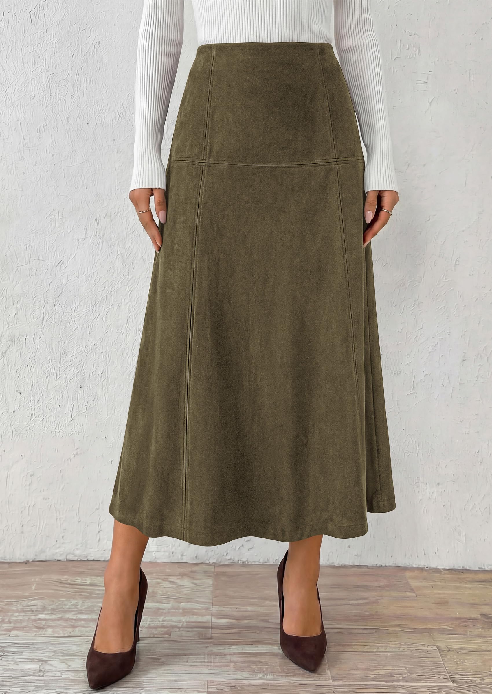 Womens High Waist Faux Suede A Line Midi Skirt,Army Green,S