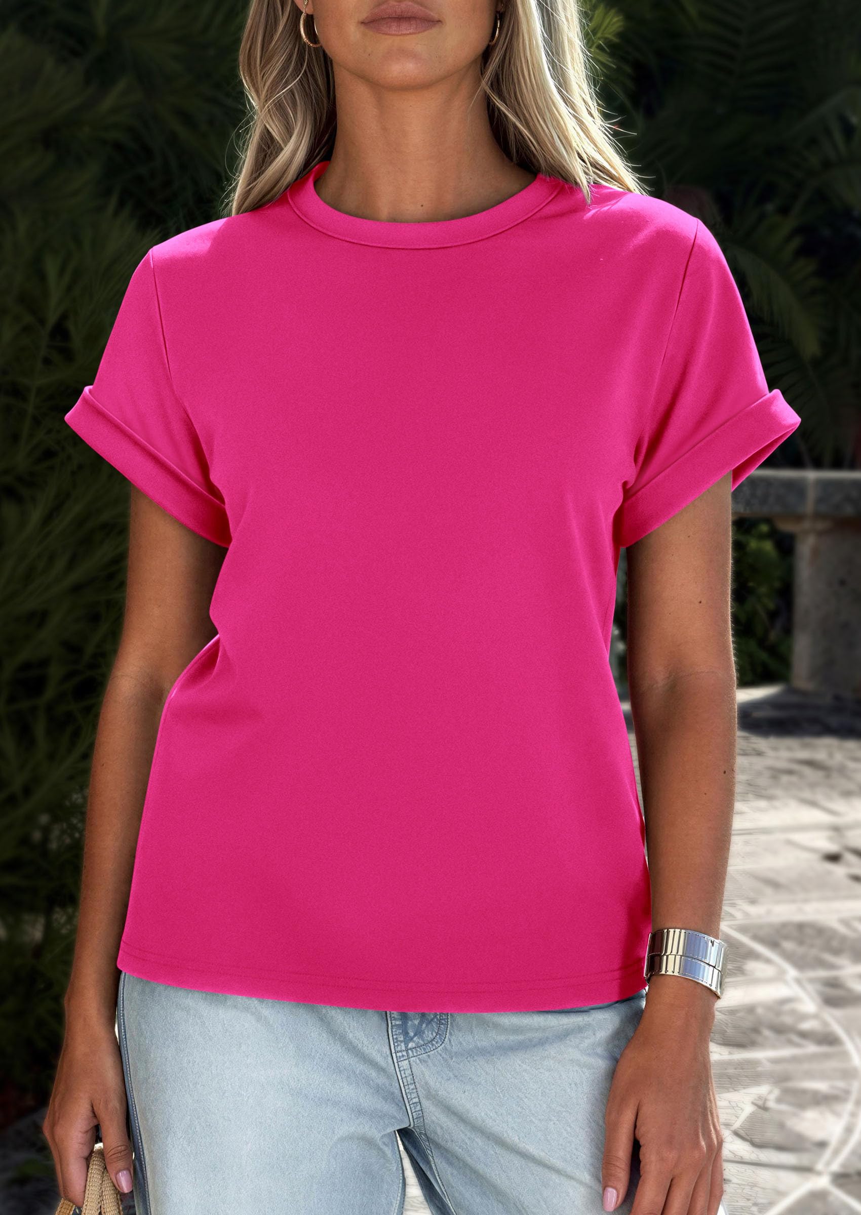 Womens Summer Tops Short Sleeve Shirts,Rose Red,S