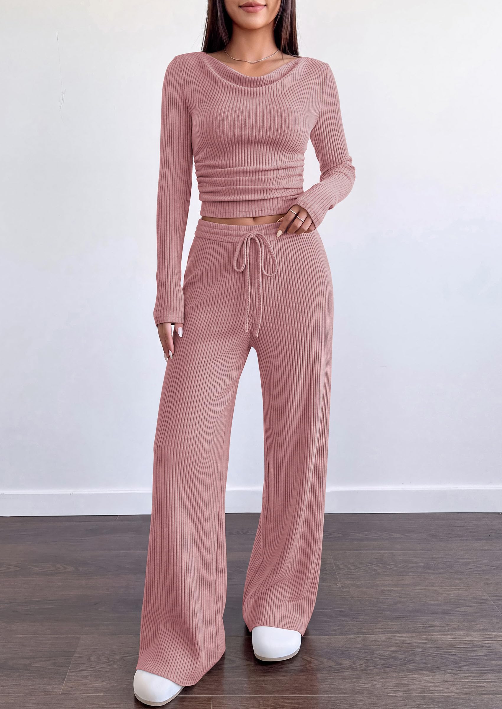 Matching Sets Women Clothing Fall Ribbed 2 Piece Lounge Set