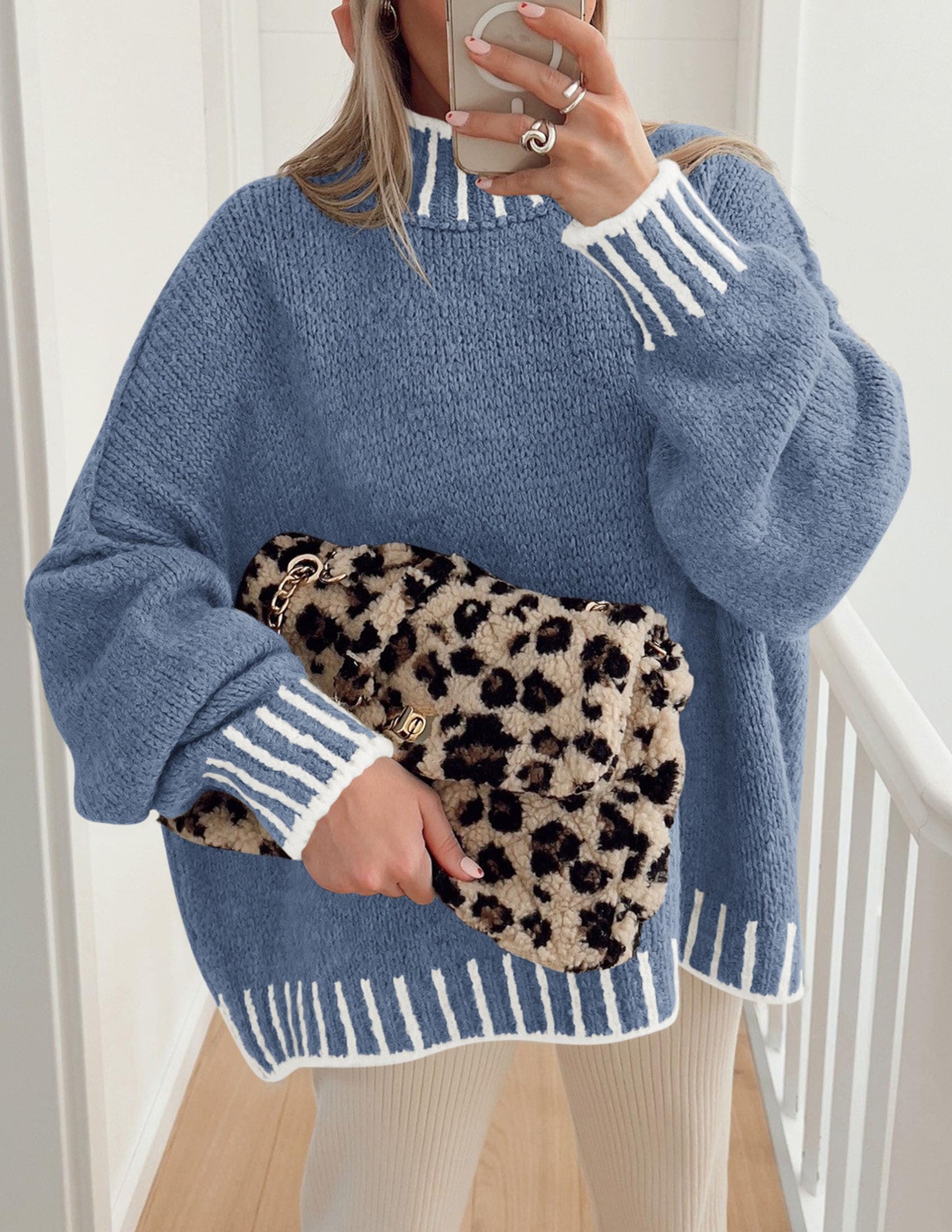 Women's Mock Neck Oversized Pullover Sweaters,Blue,XS