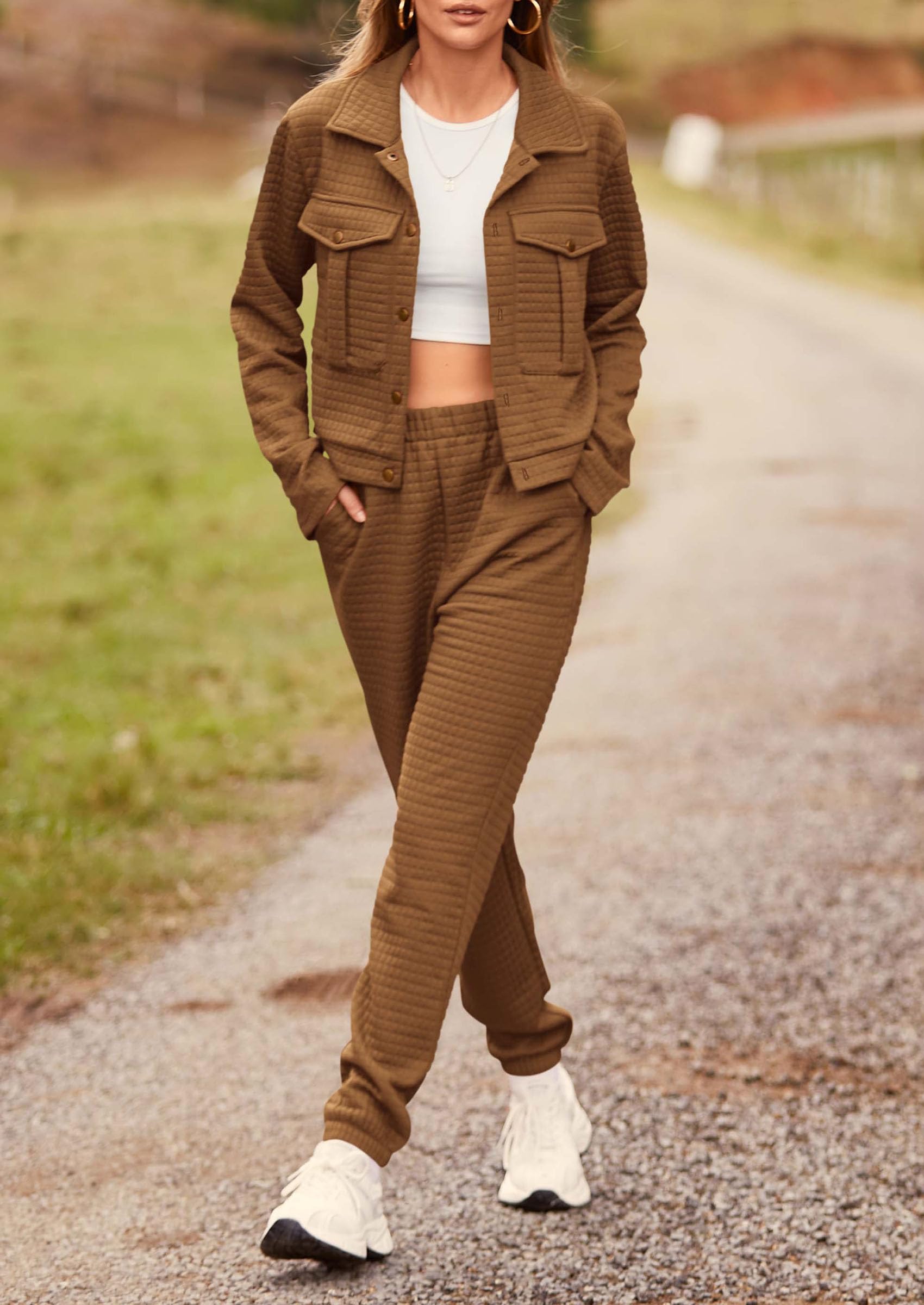 Women's 2 Piece Matching Lounge Sets Tracksuit,Camel,S