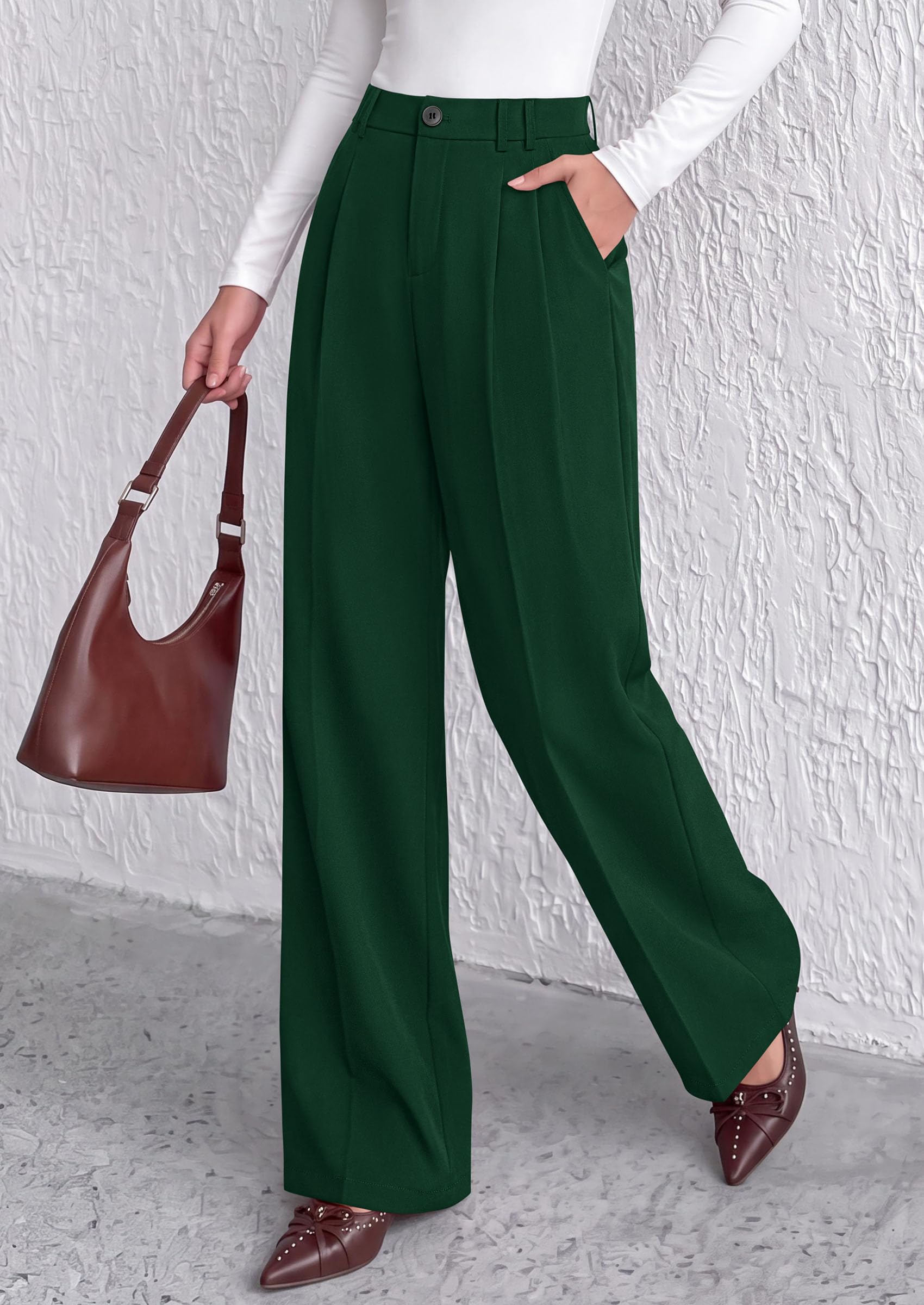 Women's Dress Pants Wide Leg Flowy Trousers,Dark Green,S