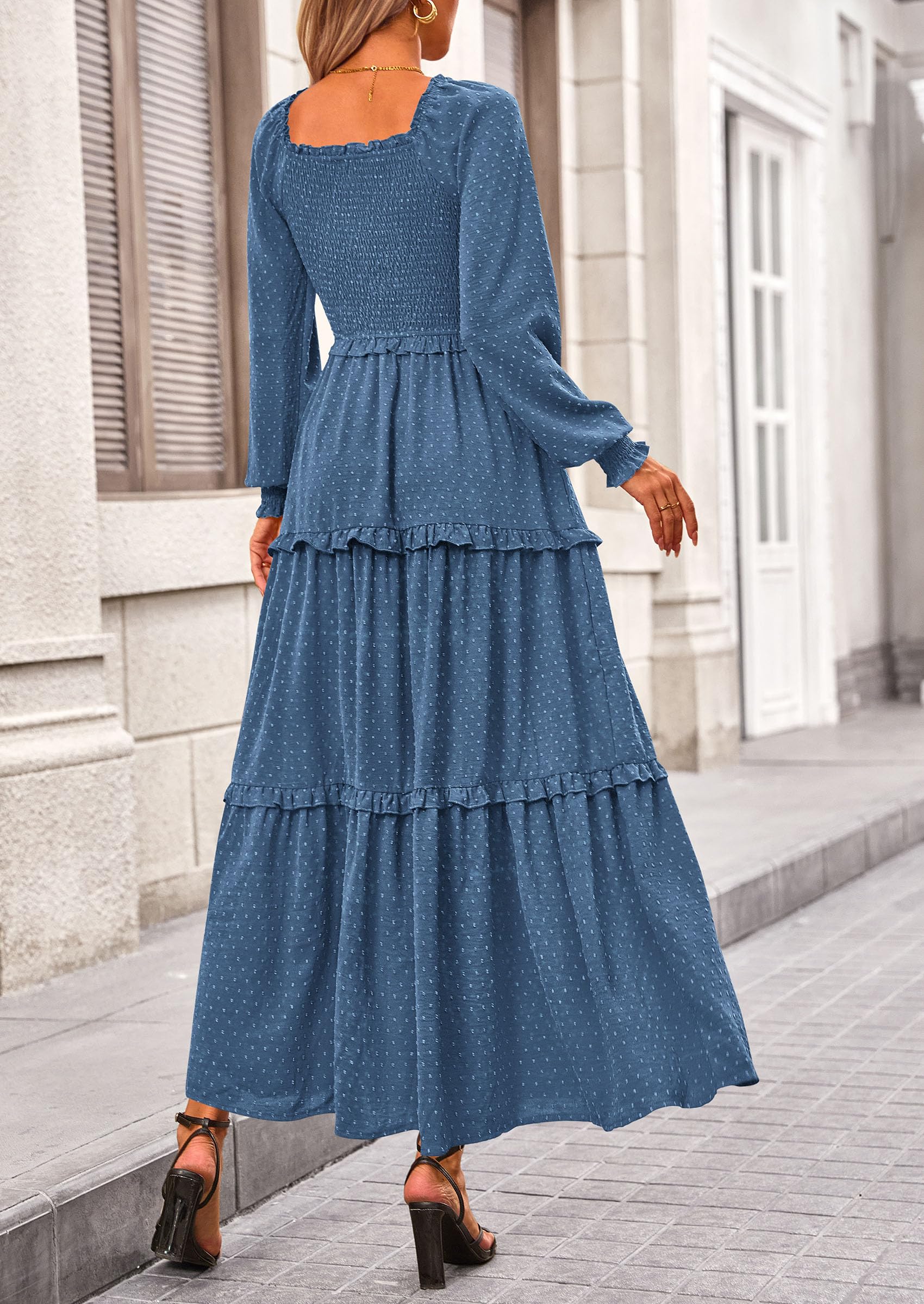 Women's Smocked Long Sleeve Maxi Dress Wedding Guest Dresses