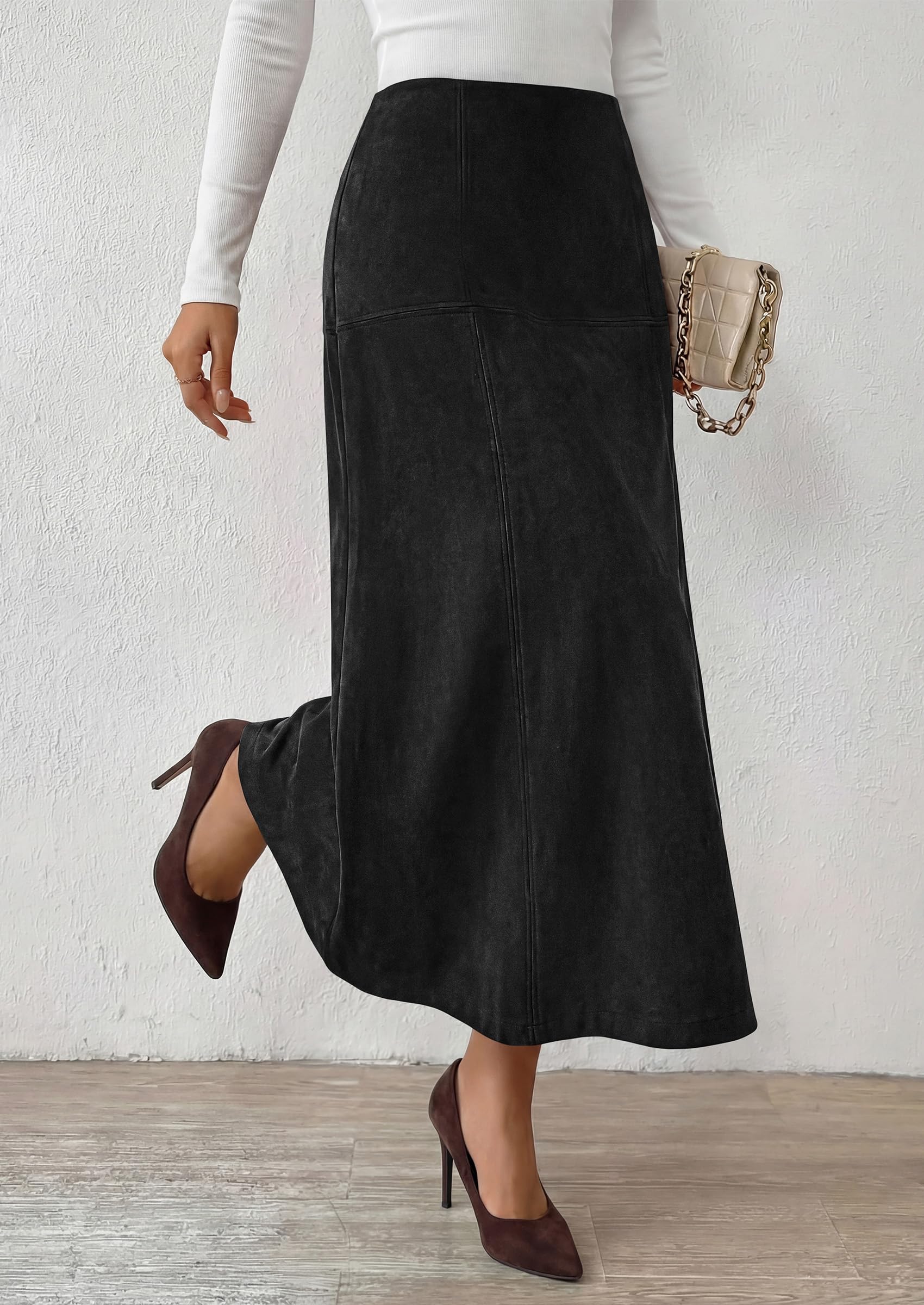 Womens High Waist Faux Suede A Line Midi Skirt,Black,S