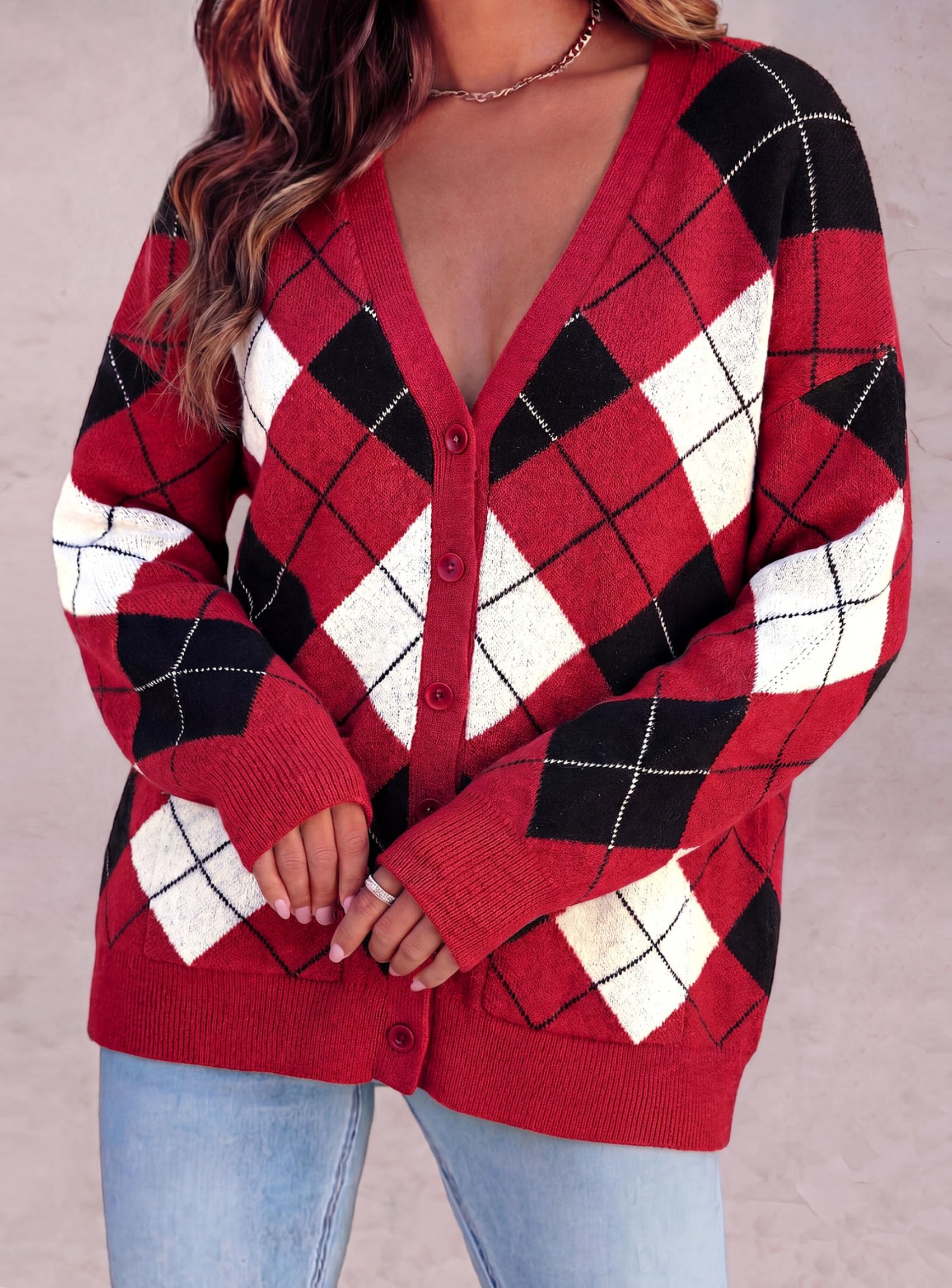 Women's Cardigan Argyle Winter Sweaters (Plaid Red,S)