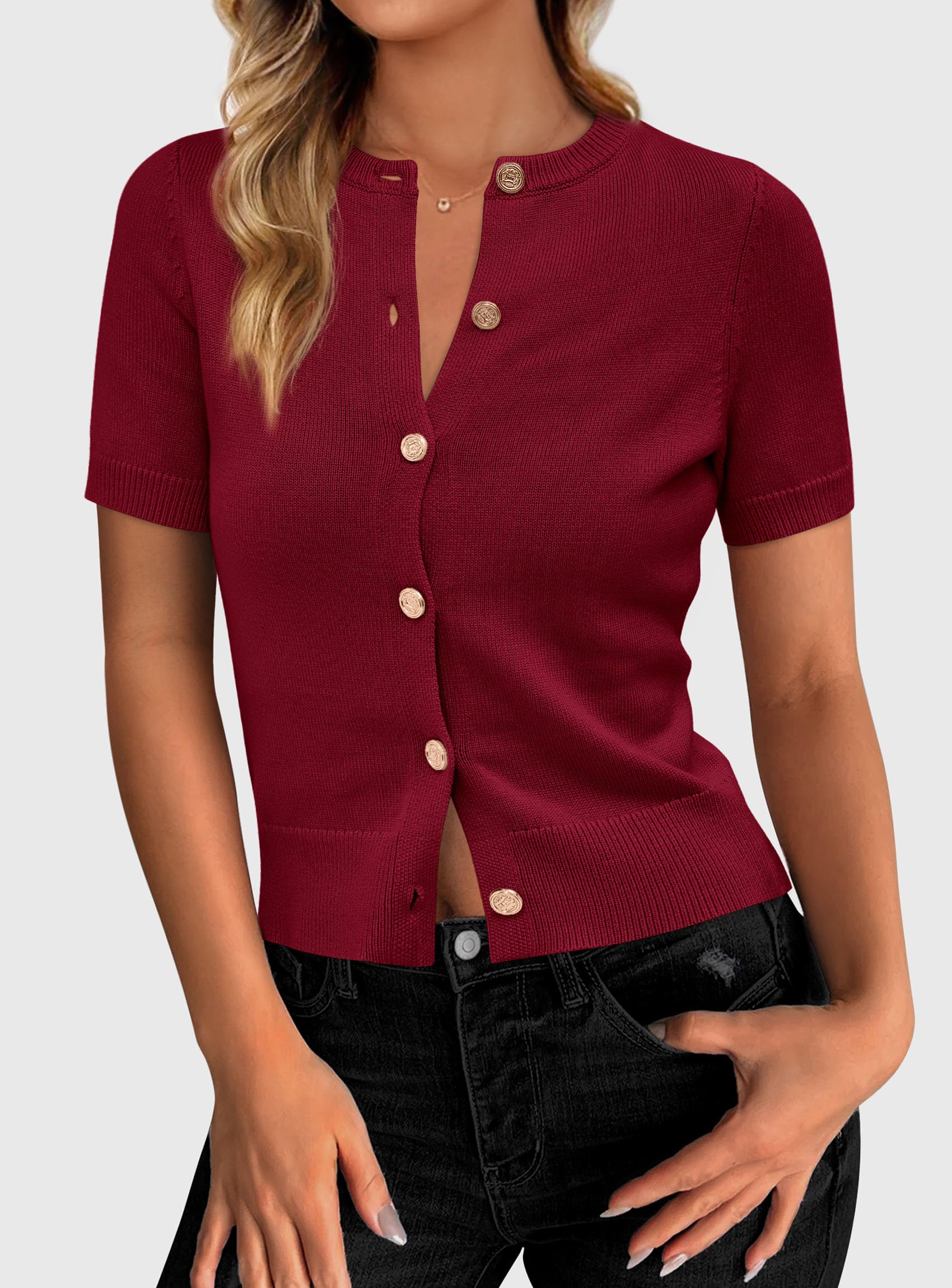 Womens Summer Cardigan Short Sleeve Sweater,Wine Red,S