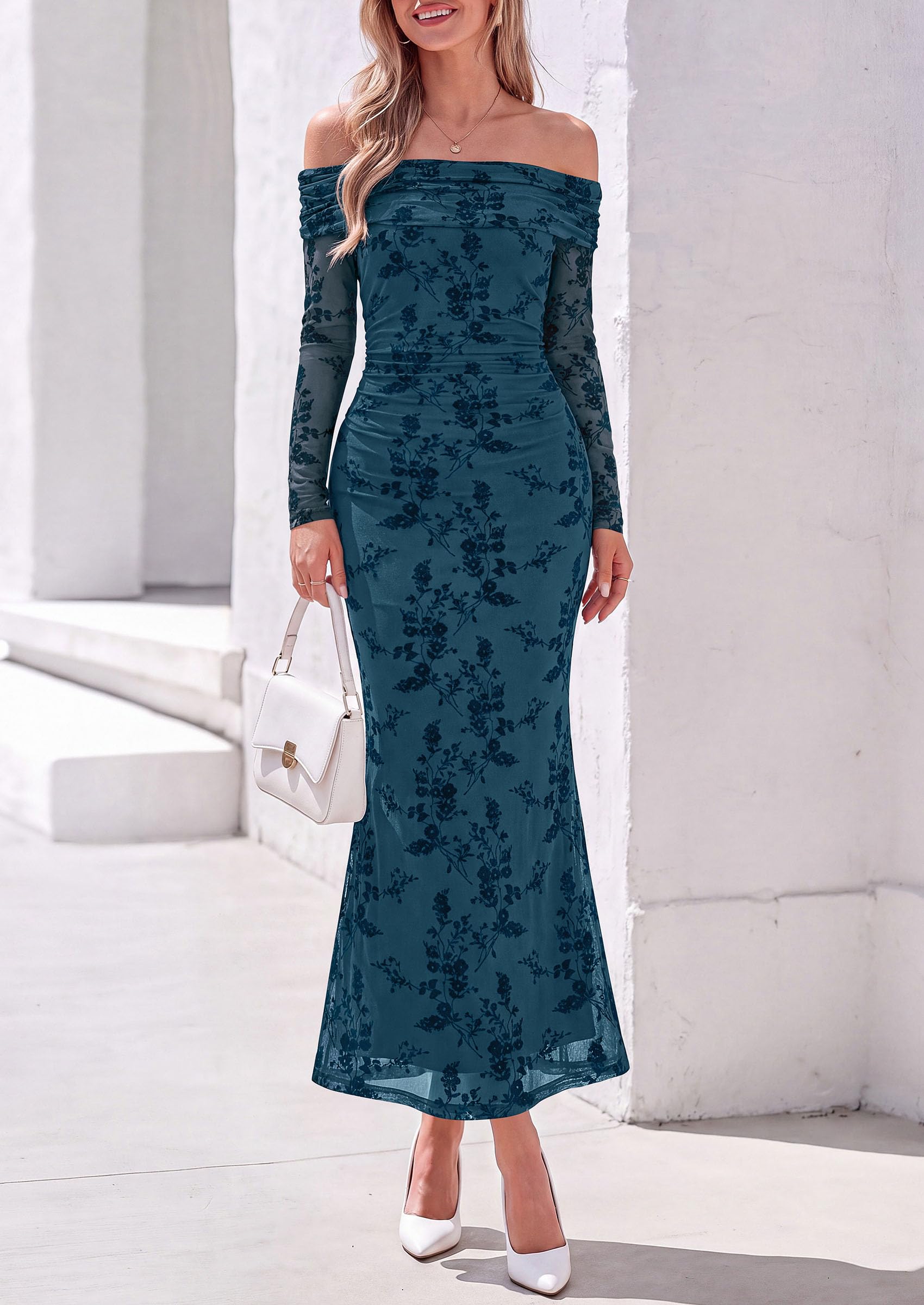 Womens Fall Off Shoulder Floral Maxi Wedding Guest Dress