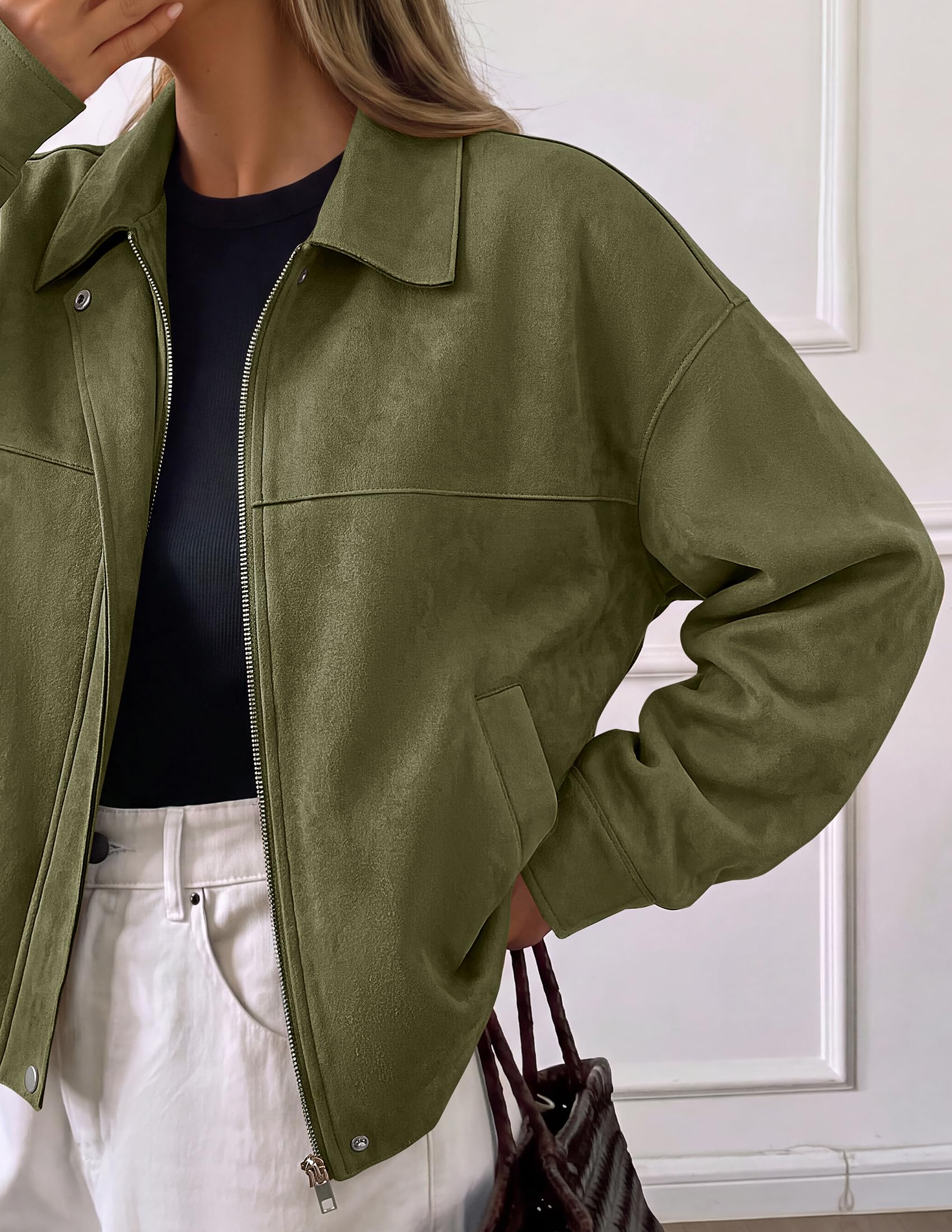 Women's Faux Suede Cropped Fall Jackets,Army Green,M