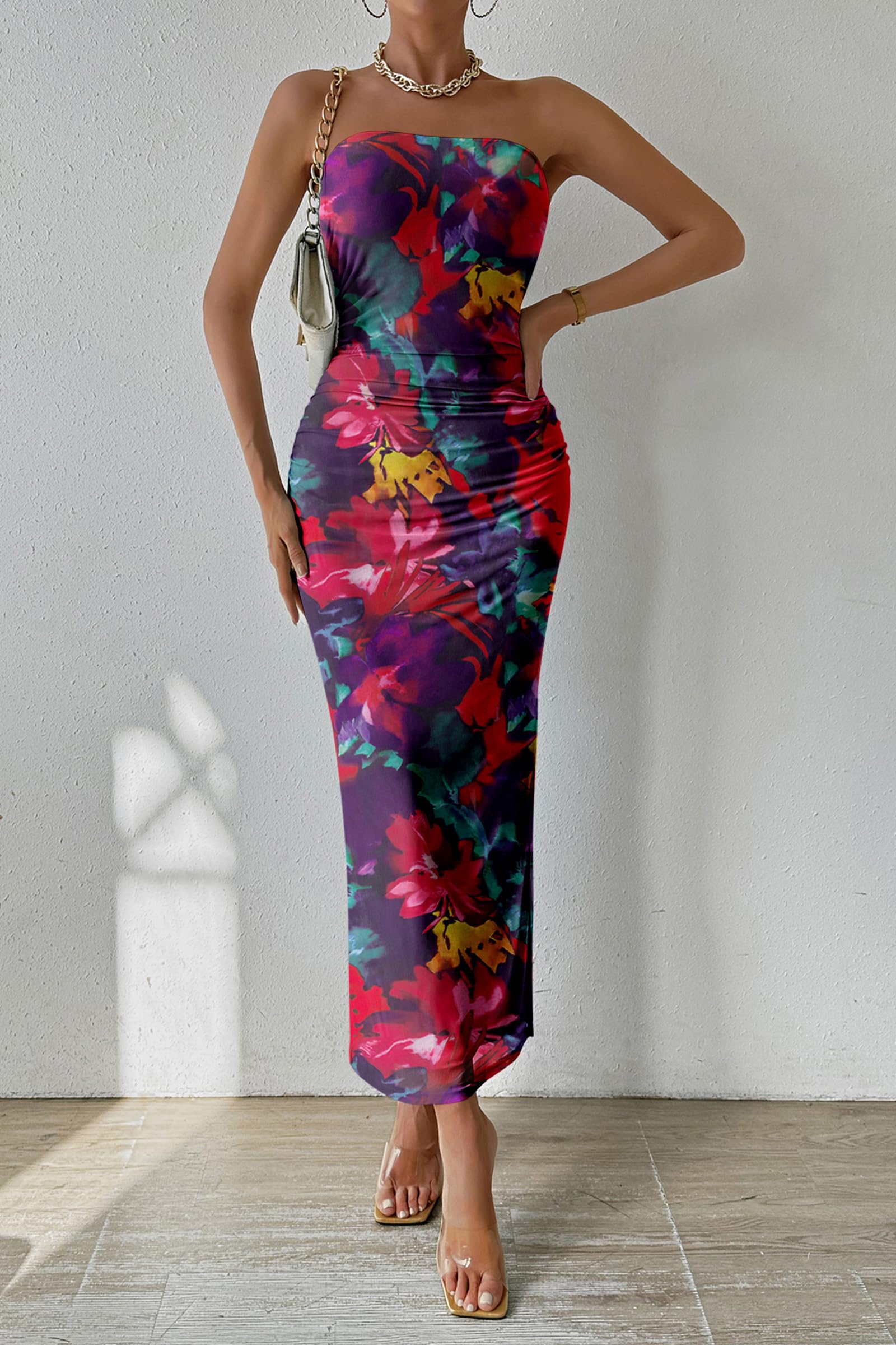 Womens Strapless Bodycon Maxi Dress, Navy Red Big Floral,S