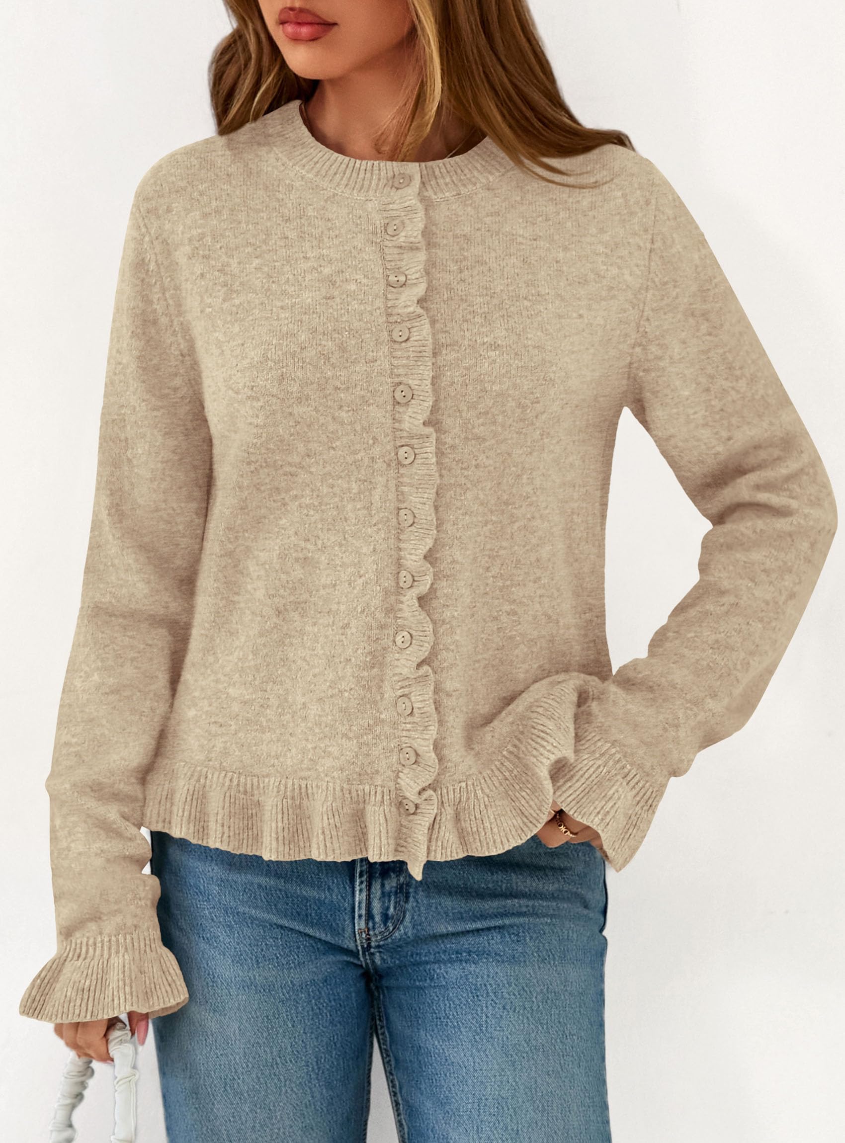 Womens Ruffle Button Down Cardigan Sweaters,Khaki,L