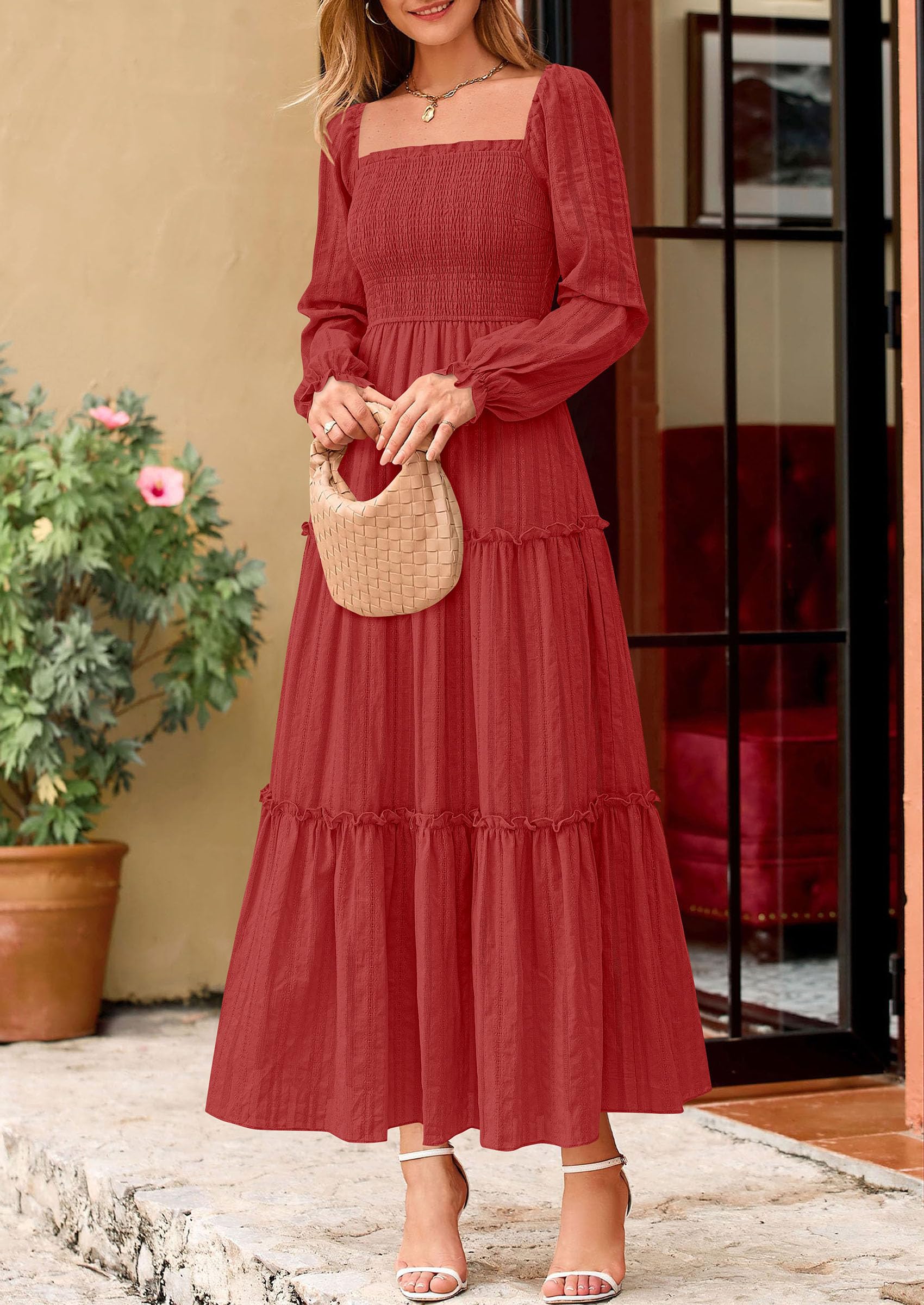 Women's Long Sleeve Ruffle Flowy Maxi Dress,Red,S