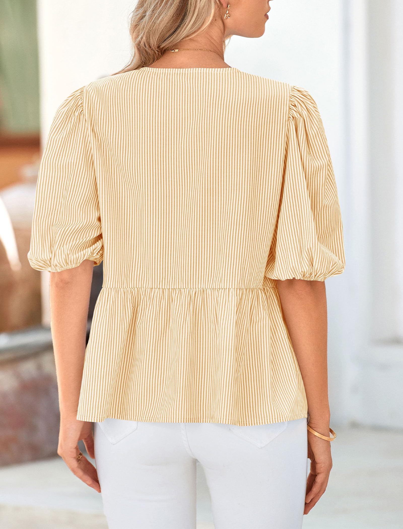 Women Striped Tie Front Babydoll Peplum Tops, Yellow,M