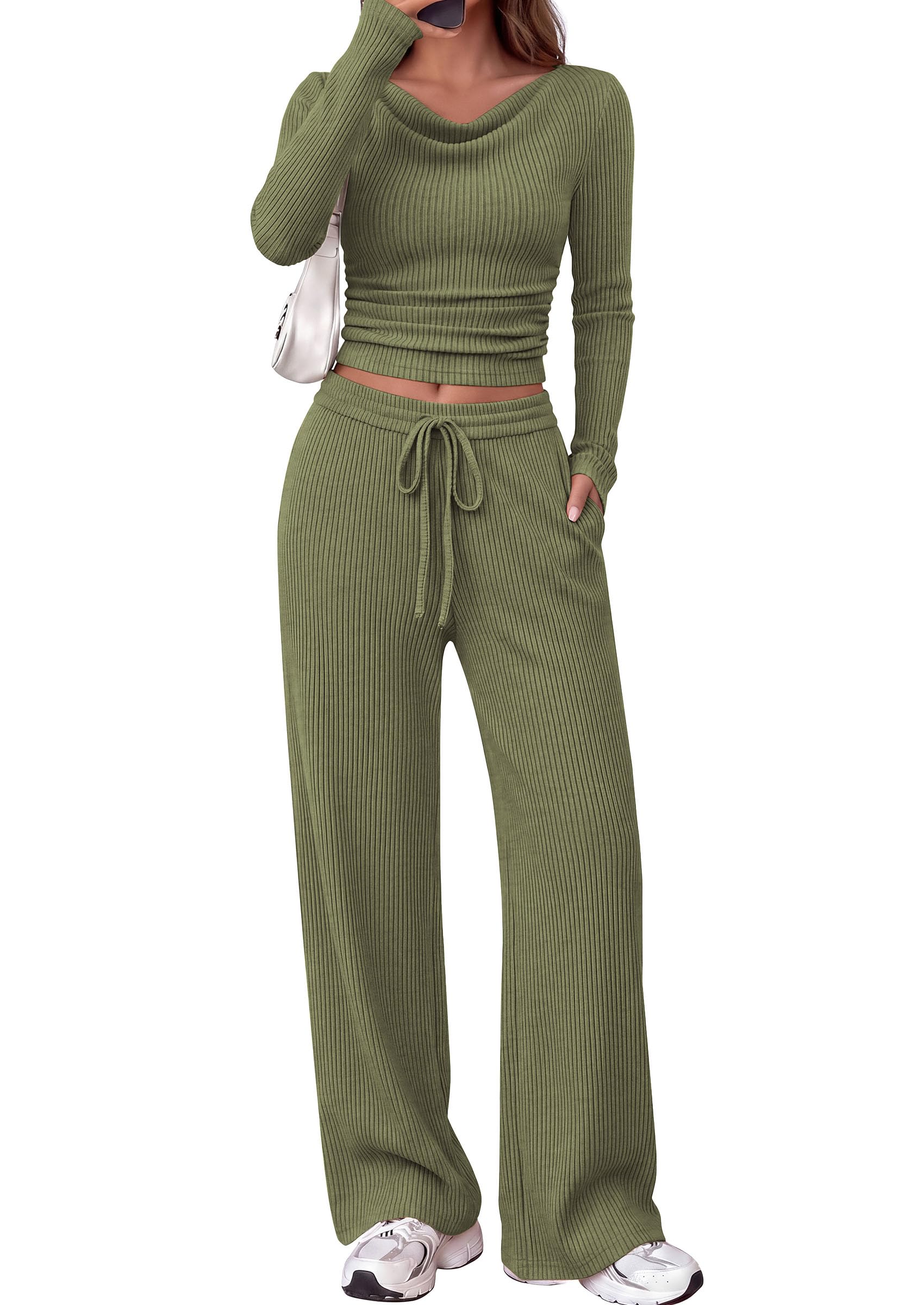 Matching Sets Women Clothing Fall Ribbed 2 Piece Lounge Set