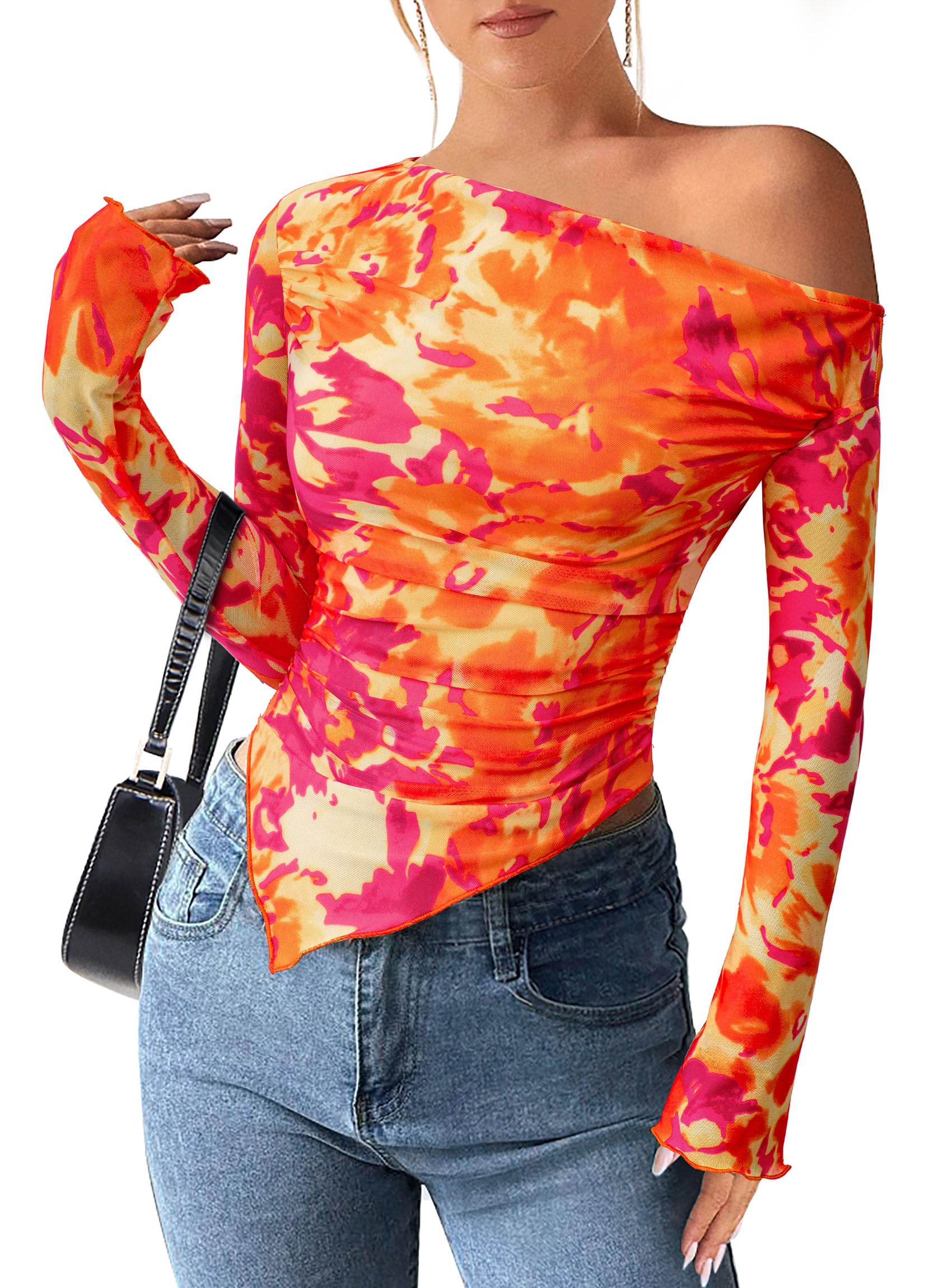 Womens Off Shoulder Mesh Y2k Tops,Floral Orange,XS