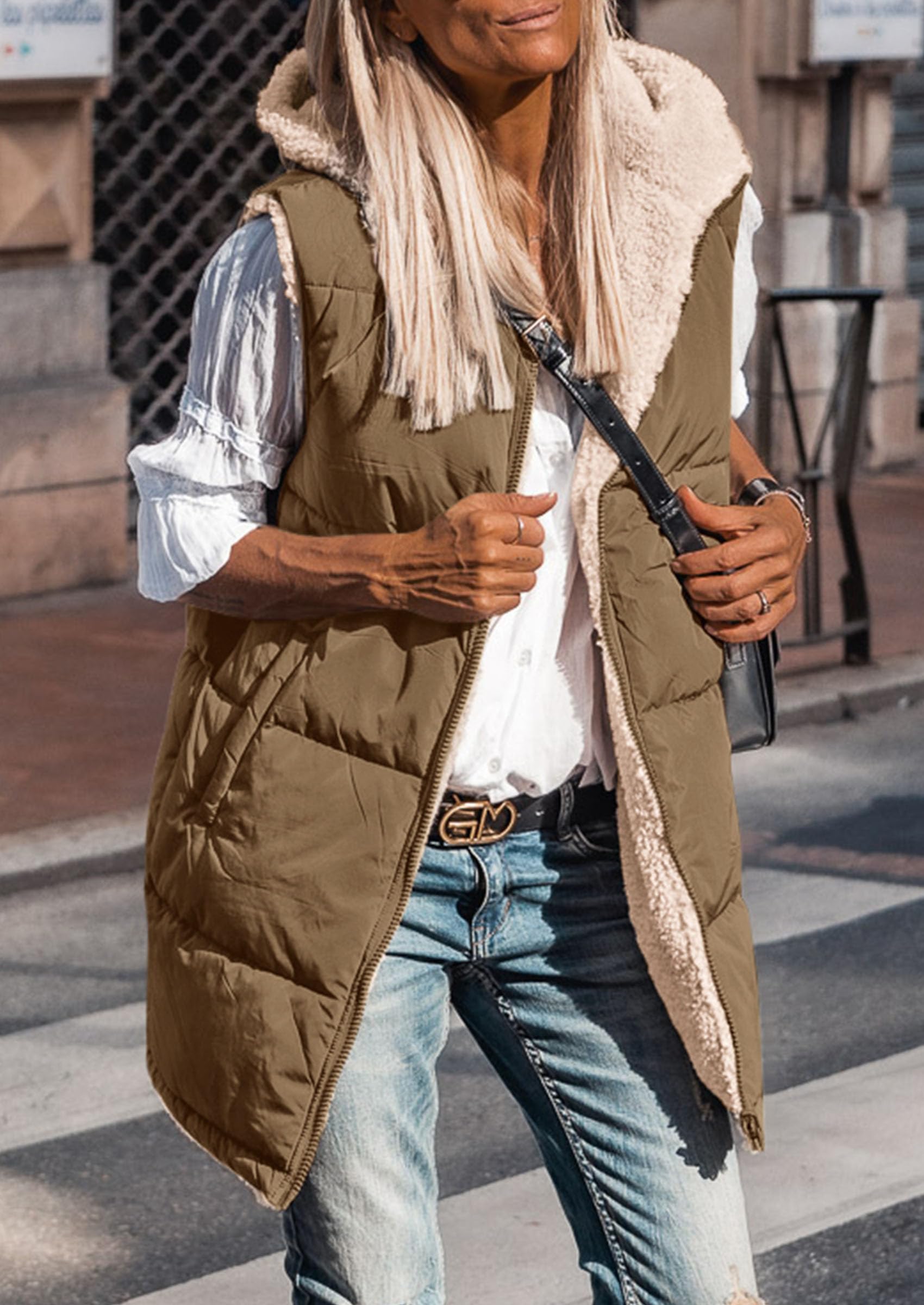 Women's Winter Reversible Fleece Long Vests Light Army Green,S