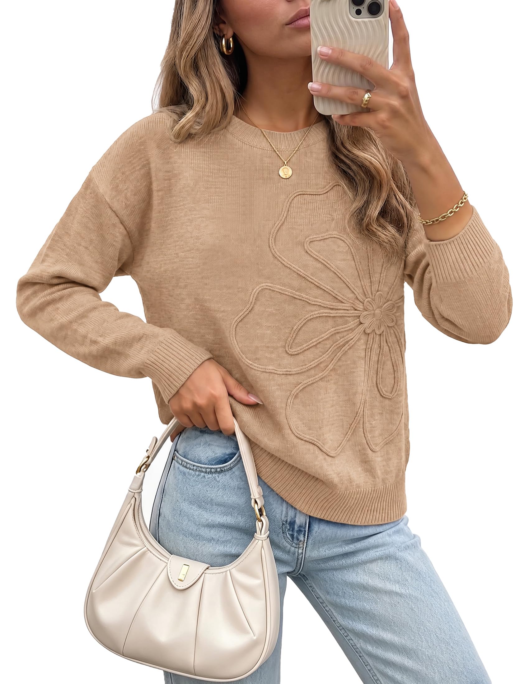 Sweaters for Women Fall Fashion Embroidered Floral Knit Tops