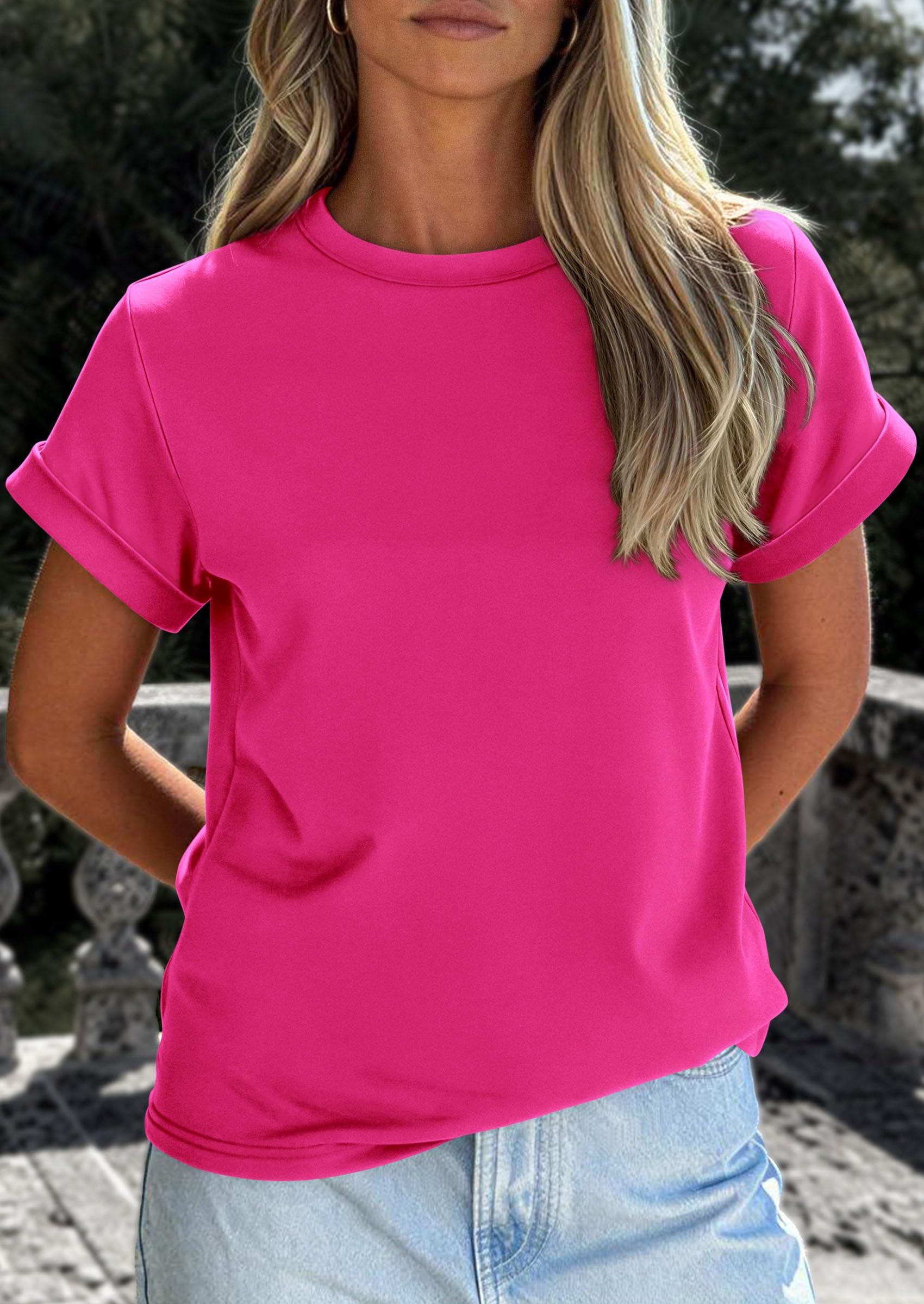 Womens Summer Tops Short Sleeve Shirts,Rose Red,S