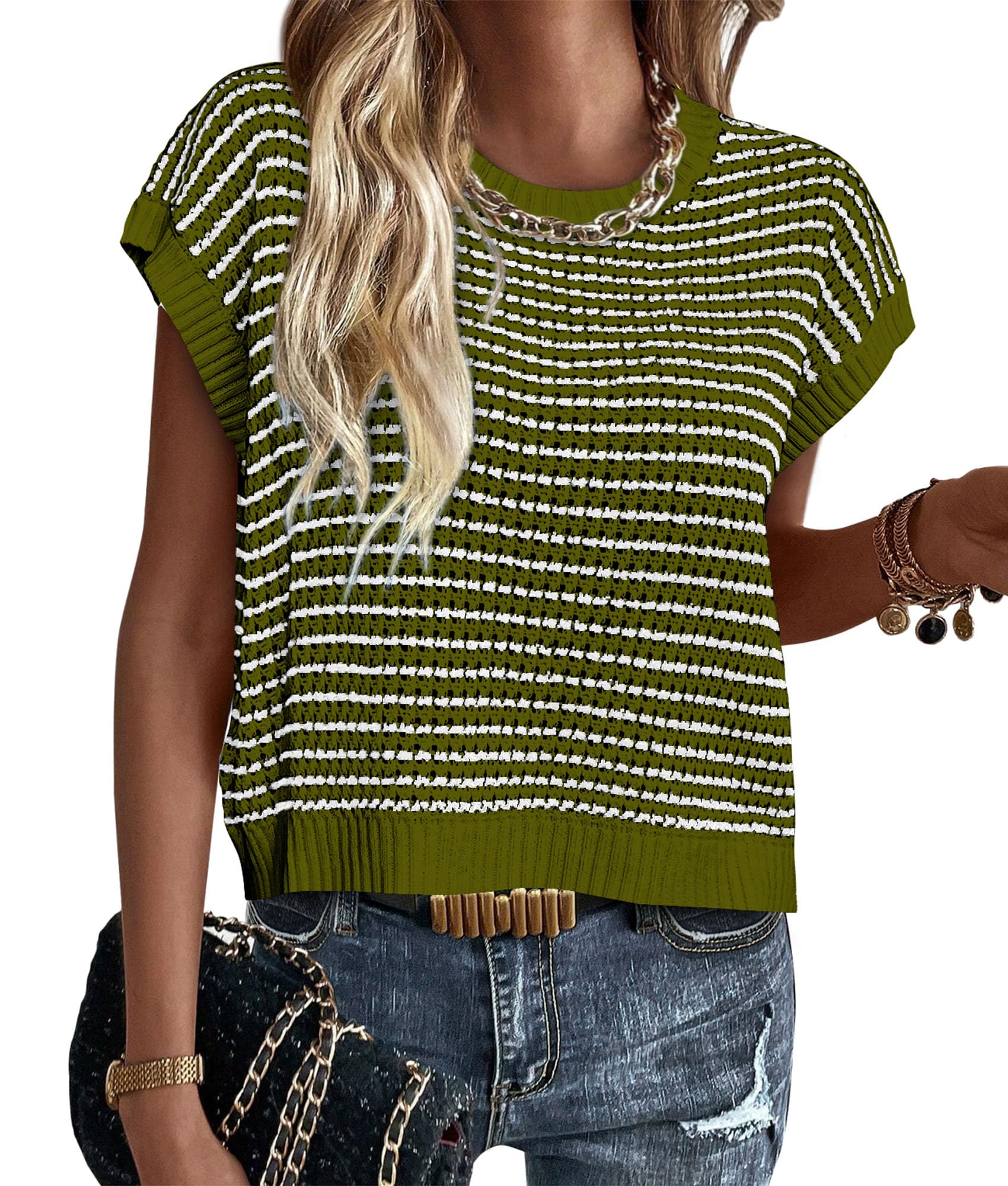 Women's Striped Short Sleeve Sweater Vest Army Green,S