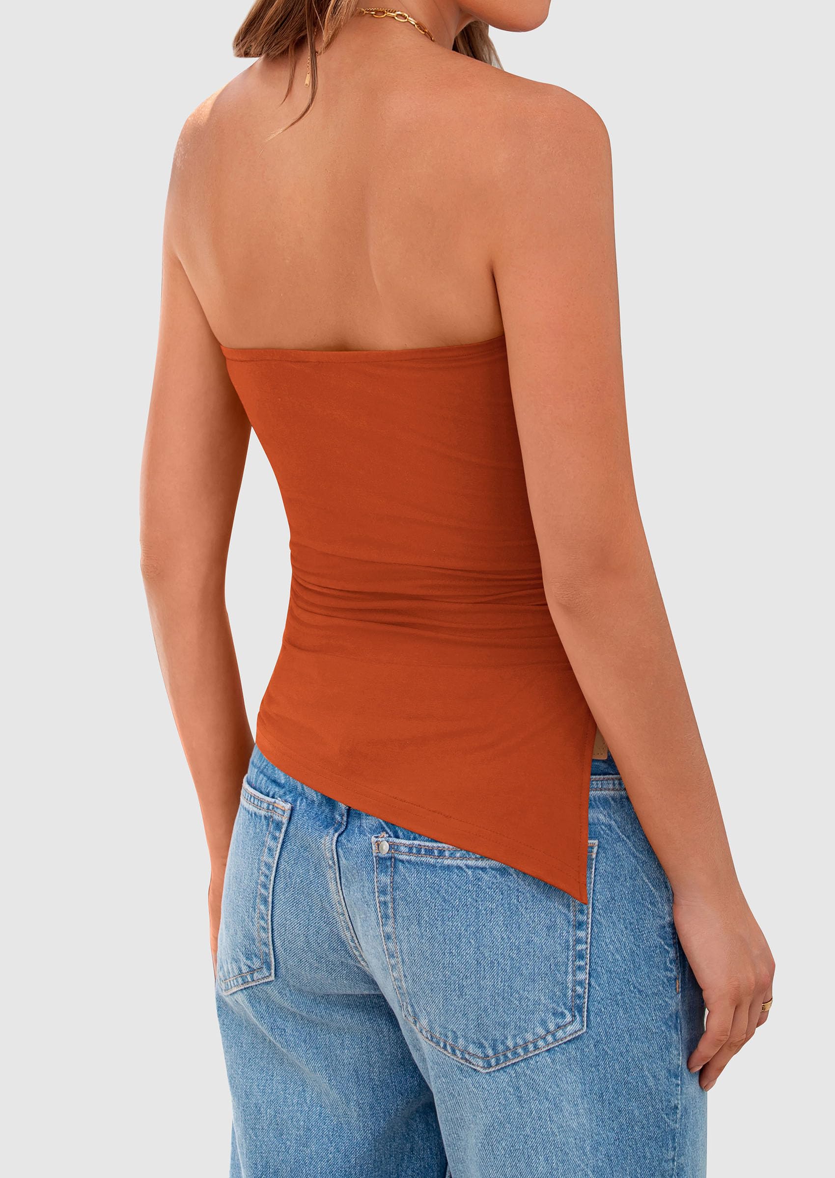 Women's Ruched Asymmetrical Strapless Tube Top, Rust Red,S