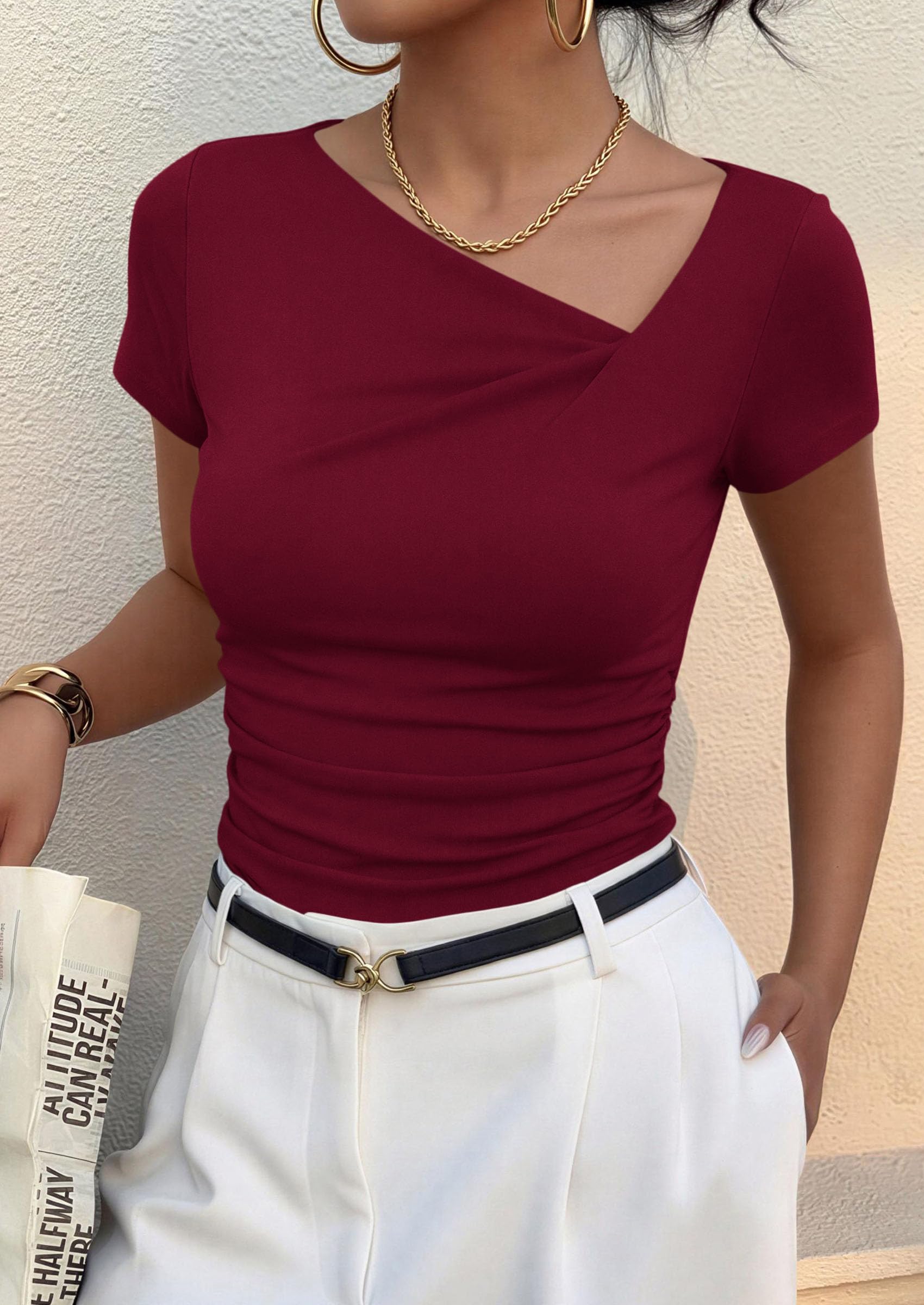 Women's Summer Trendy Asymmetrical Y2K Tops (Burgundy,S)