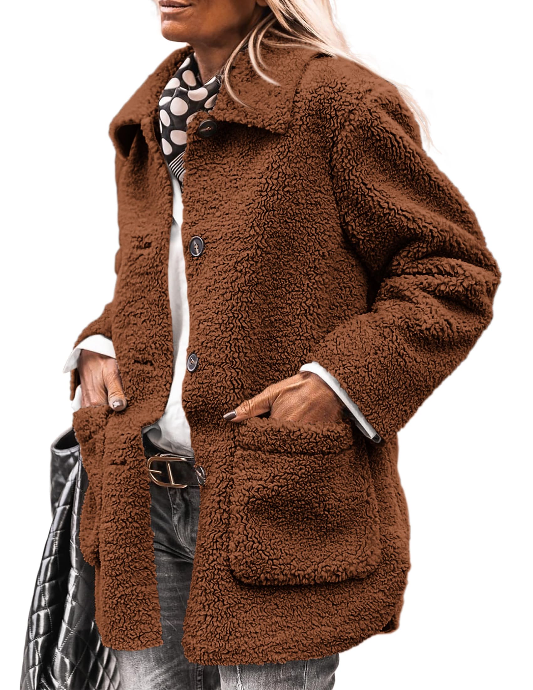 Women's Winter Faux Fur Coats Long Sleeve Lapel Button Down Pockets Fleece Sherpa Jacket Casual Trendy Outerwear (Brown,Small)