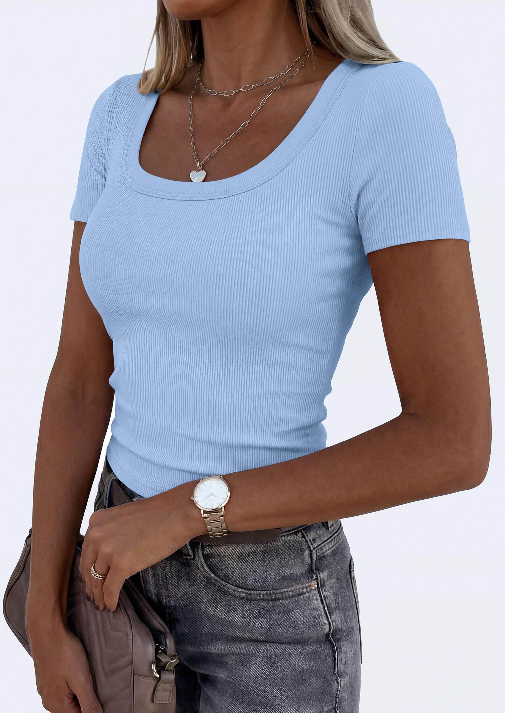 Womens Summer Short Sleeve Scoop Neck Tops,Light Blue,S