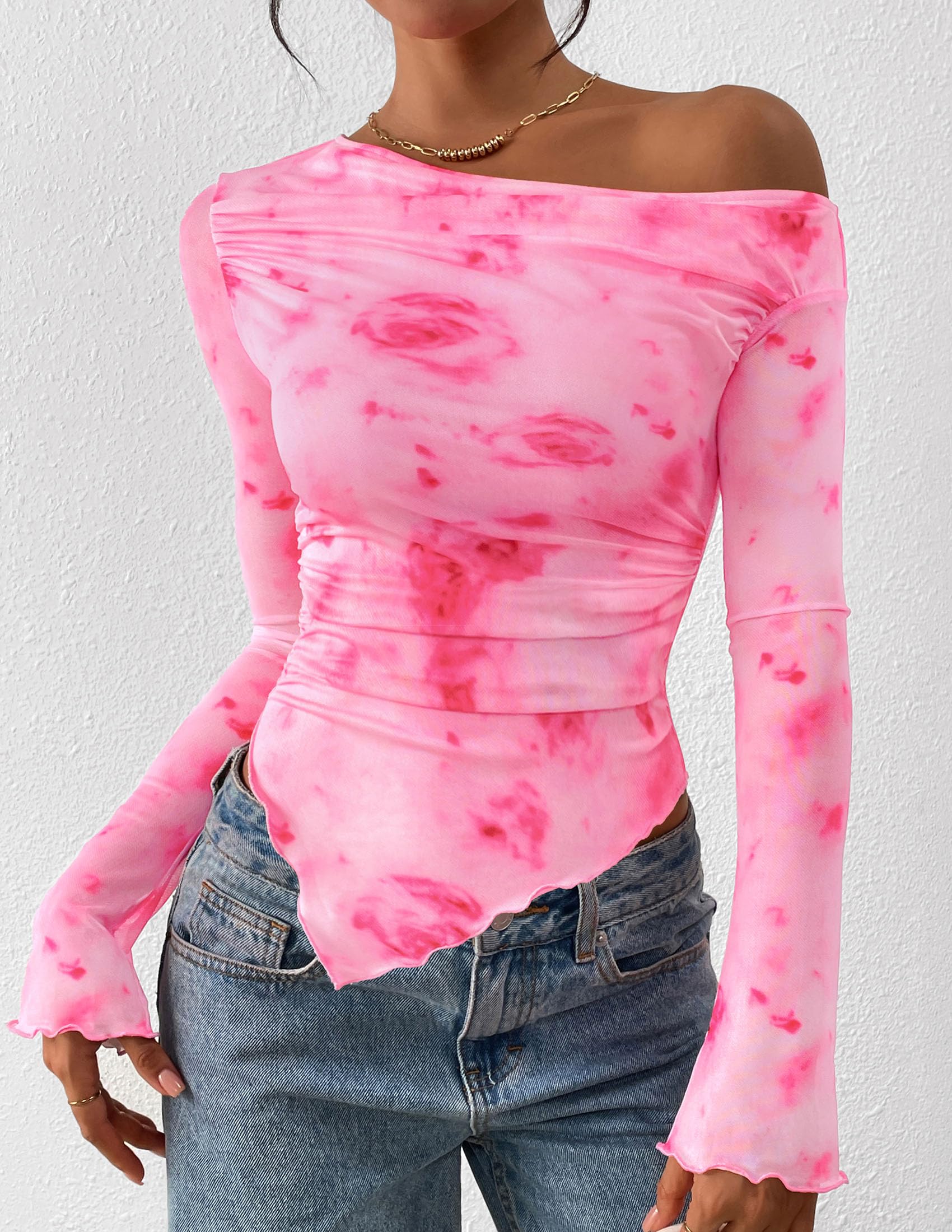 Womens Off Shoulder Mesh Y2k Tops,Floral Pink Red,XS