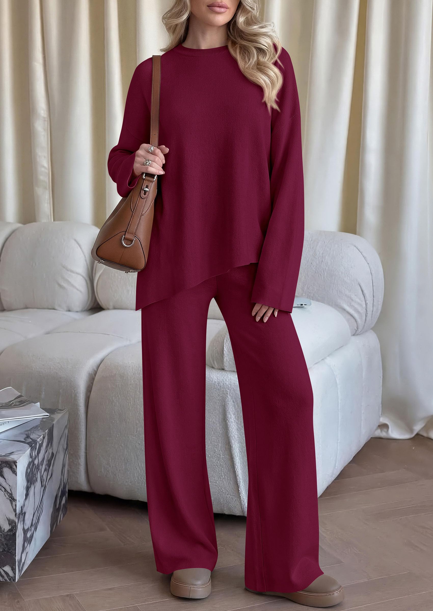 Womens Fall 2 Piece Asymmetric Cozy Sweater Travel Lounge Sets