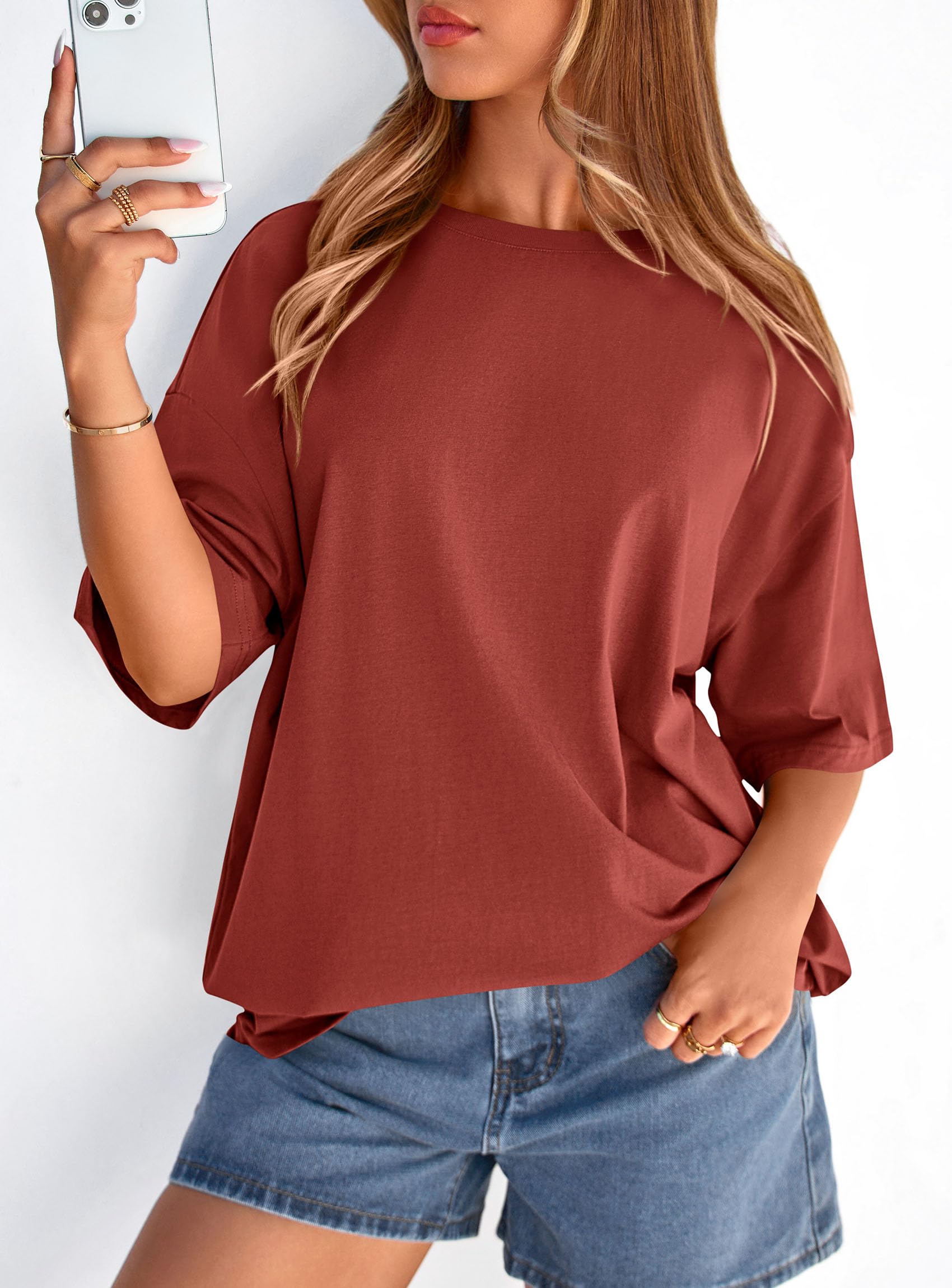 Women's Oversized Tshirts Going Out Tops (Rust Red,S)