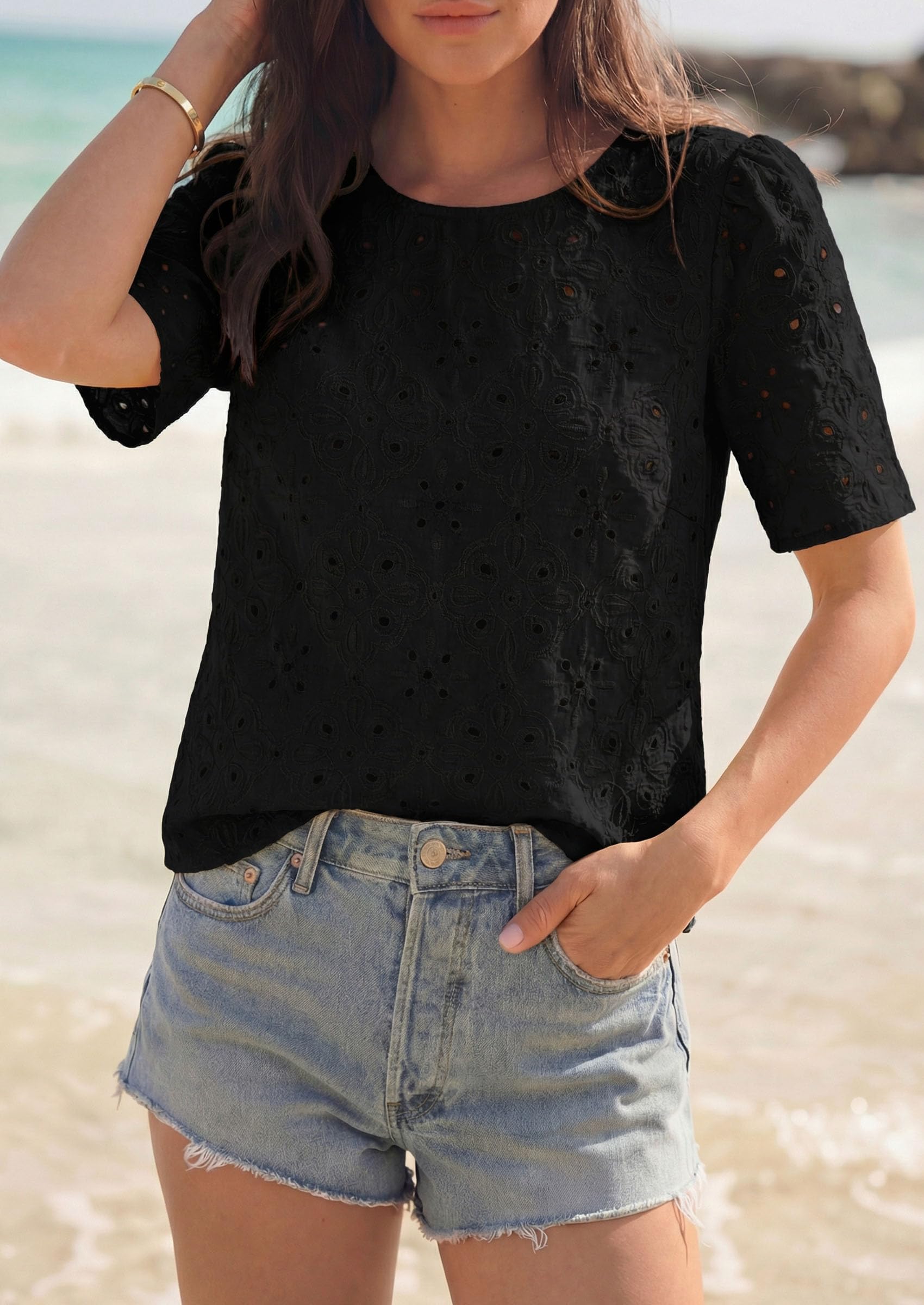 Women's Embroidered Eyelet Short Sleeve Blouse, Black,XS