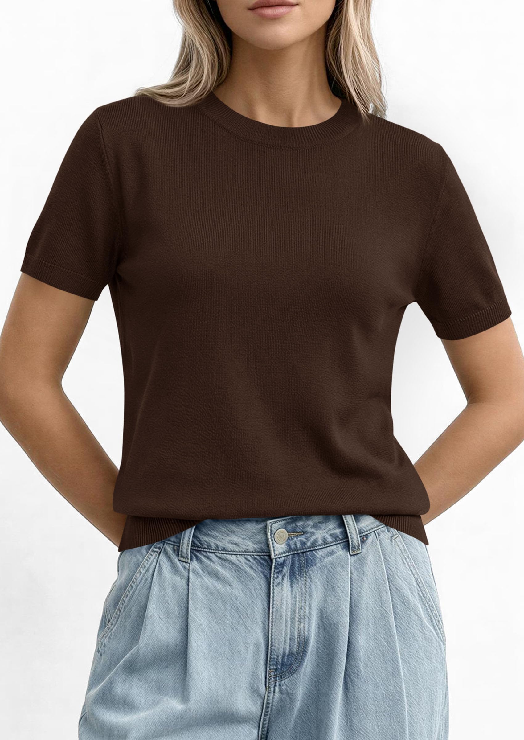 Women's Short Sleeve Sweaters Summer Tops,Brown,S