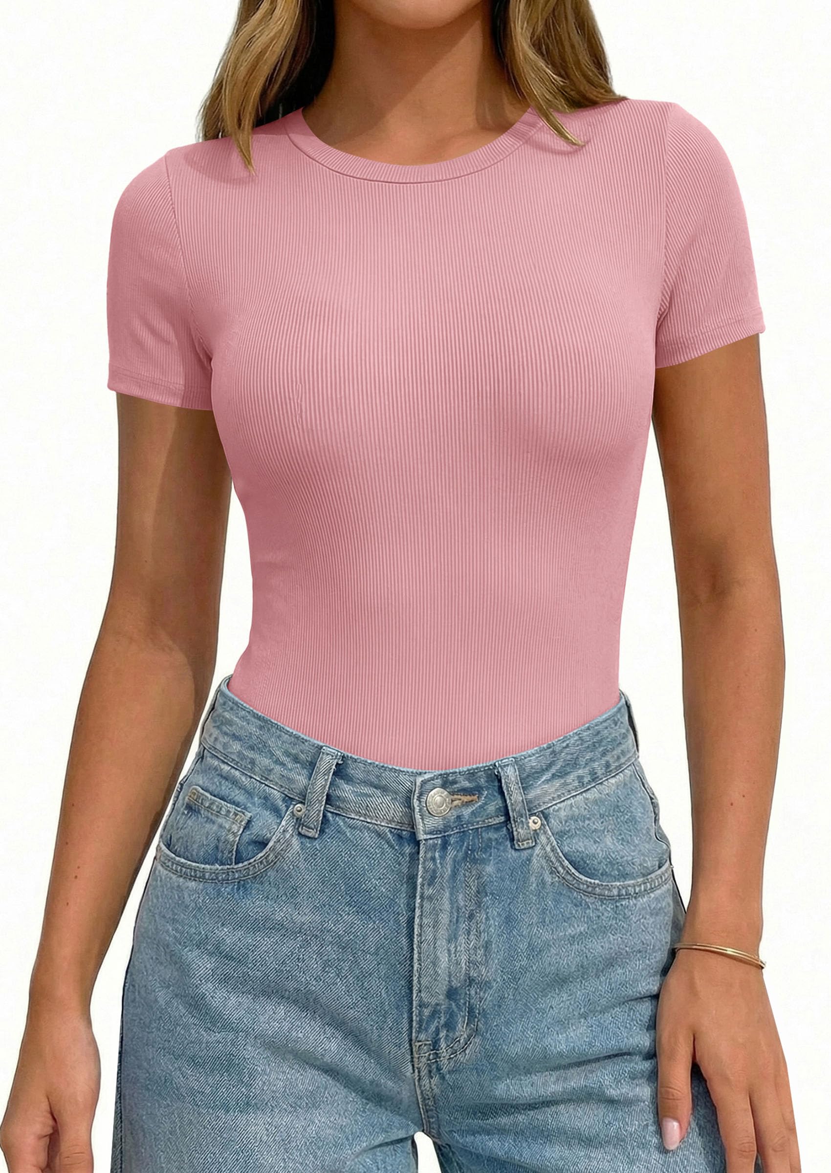 Body Suits for Womens Short Sleeve Summer Tops, Pink,XS