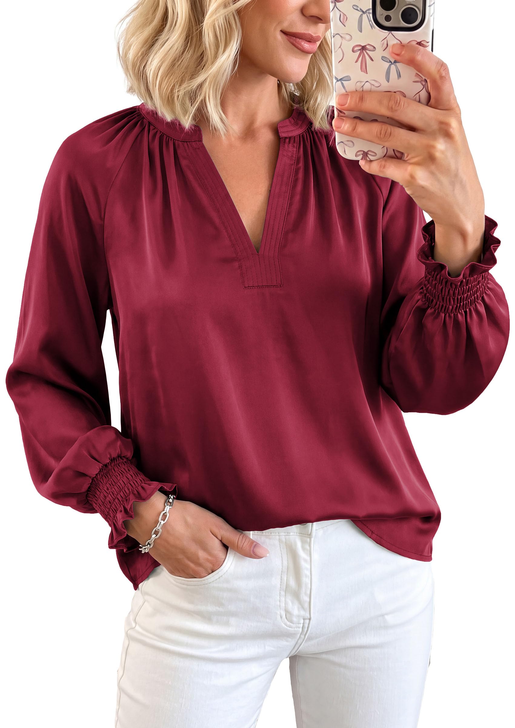 Women's Satin Blouses V Neck Long Sleeve Tops,Burgundy,S