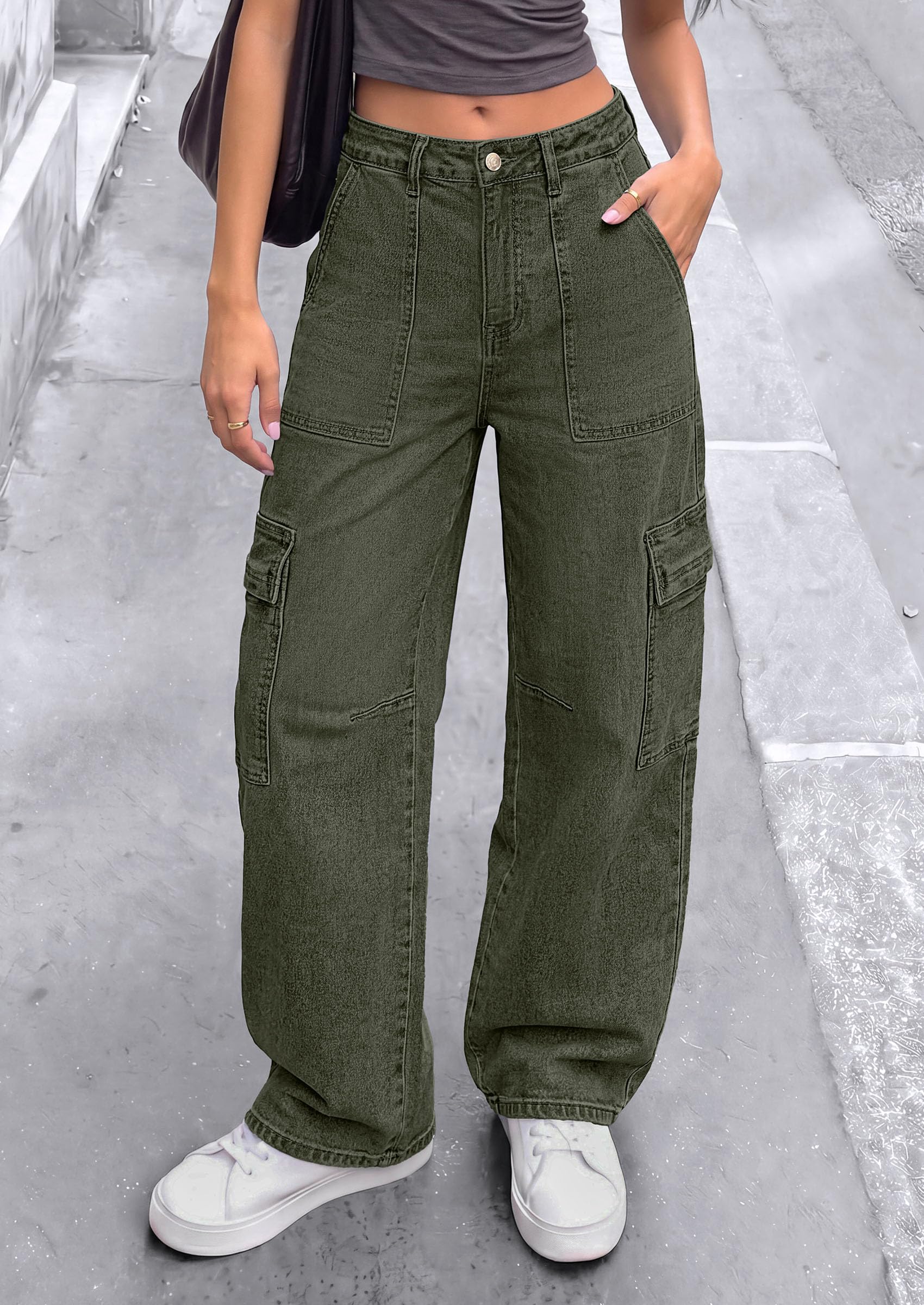Barrel Pants Women Wide Leg Baggy Denim Jeans Army Green,4
