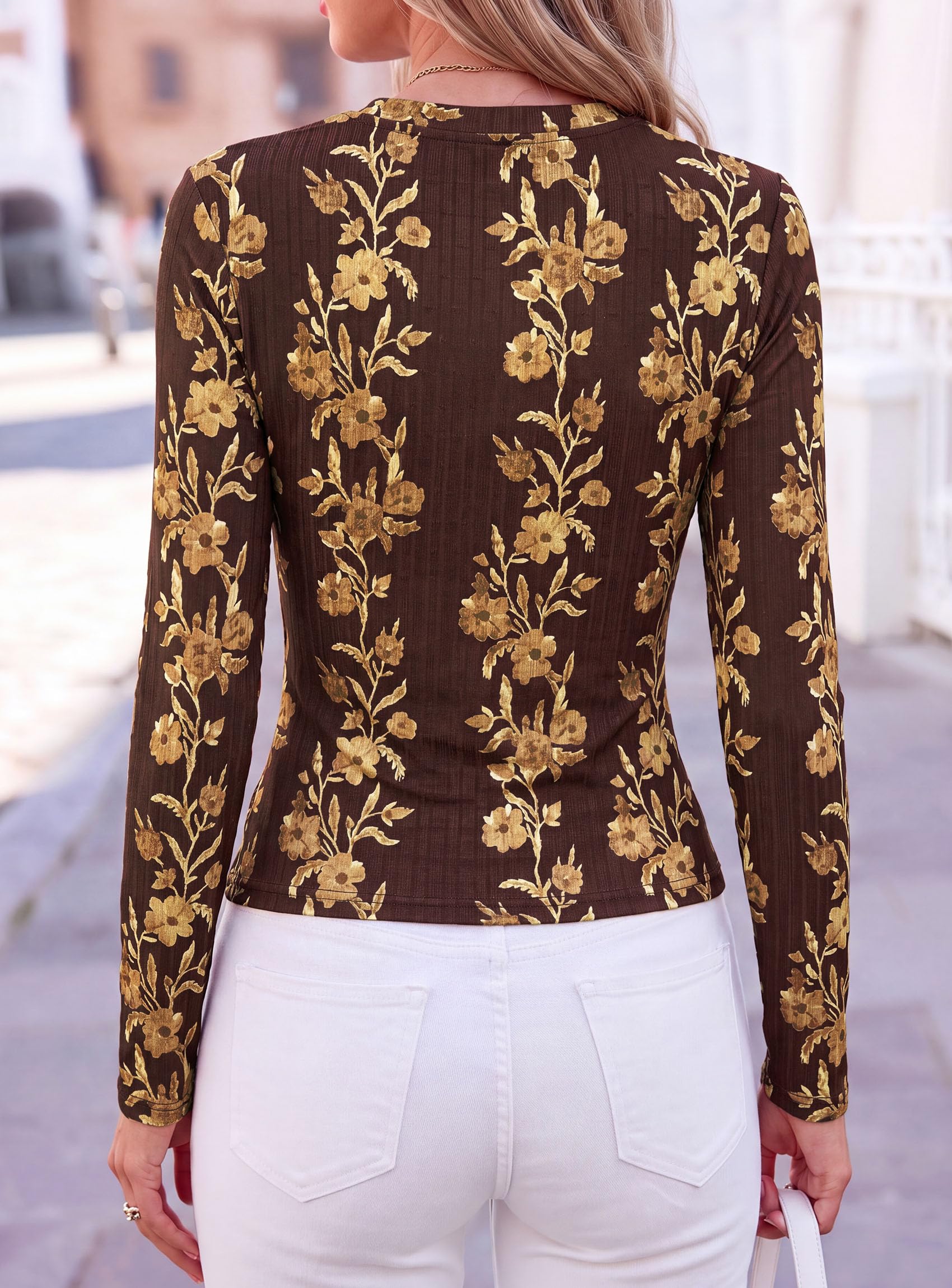 Womens Long Sleeve Shirts Floral Y2K Tops,Brown,XS