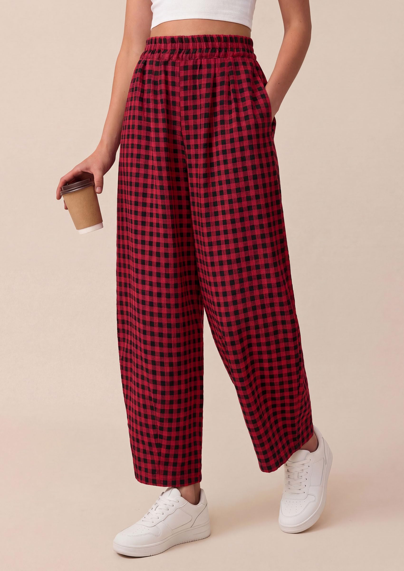 Plaid Barrel Pants Women Summer Bottoms, Black Red Plaid,S