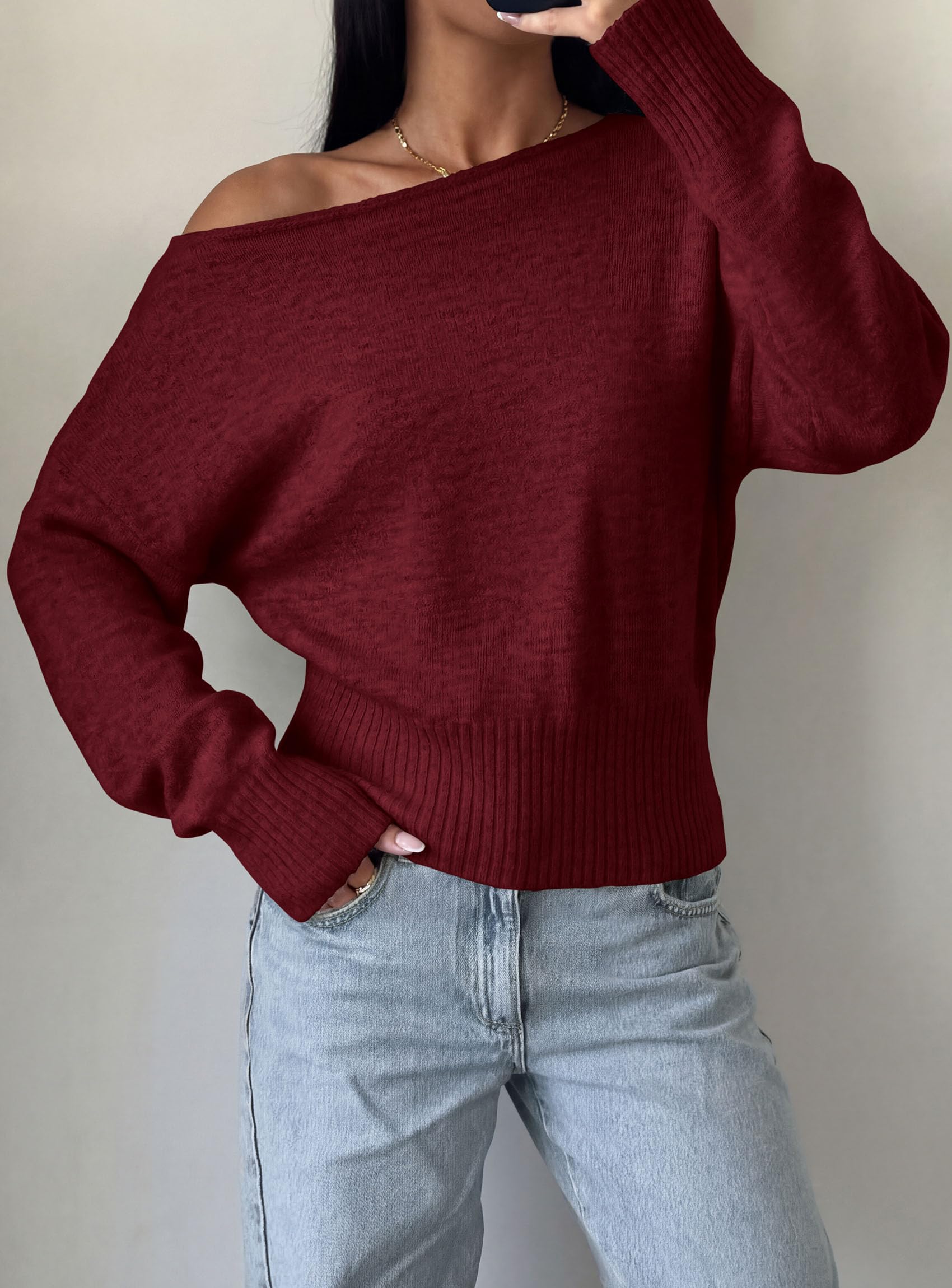 Womens Off The Shoulder Sweater Fall Fashion,Wine Red,S