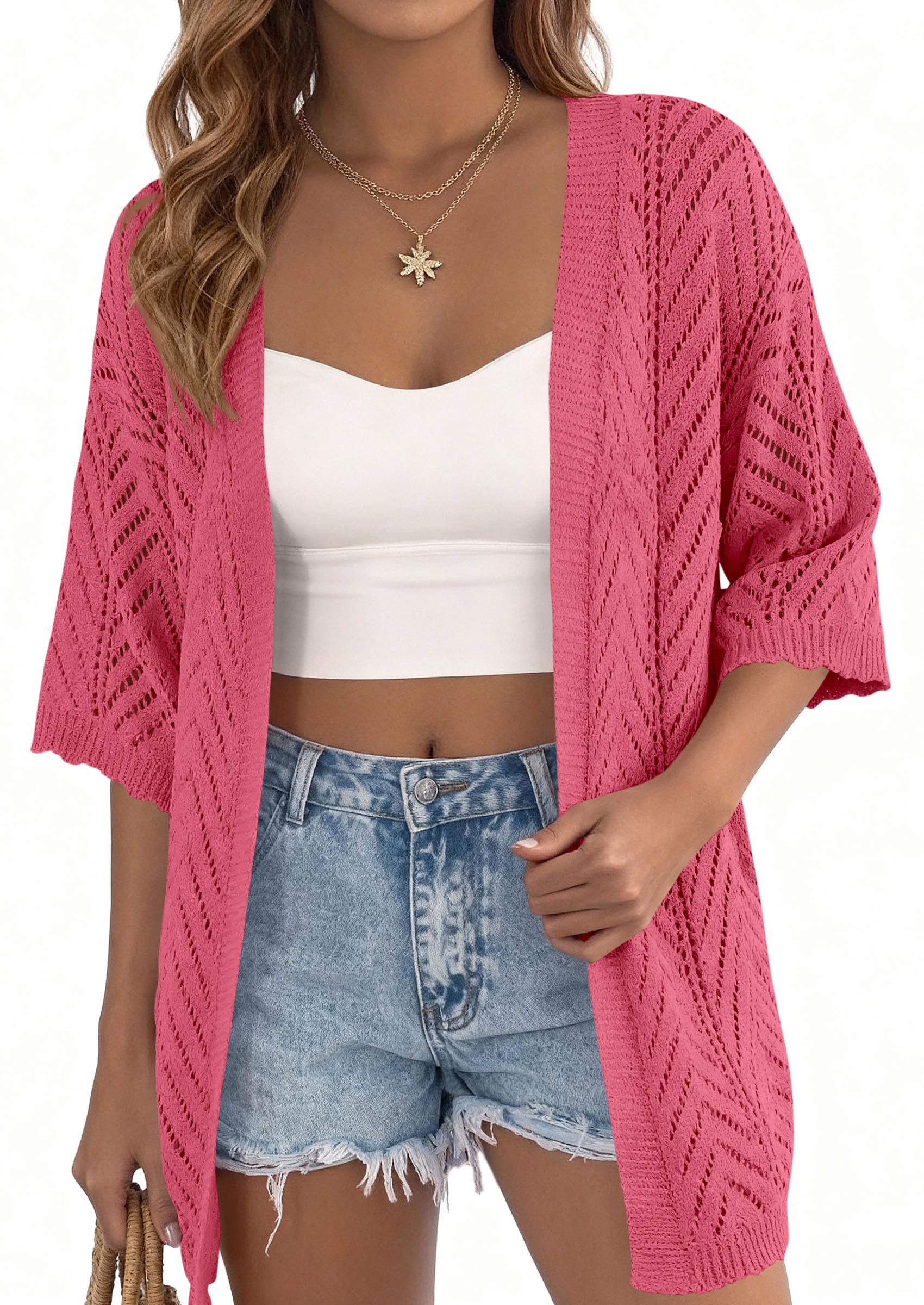 Women Lightweight Short Sleeve Cardigan, Watermelon Red,S
