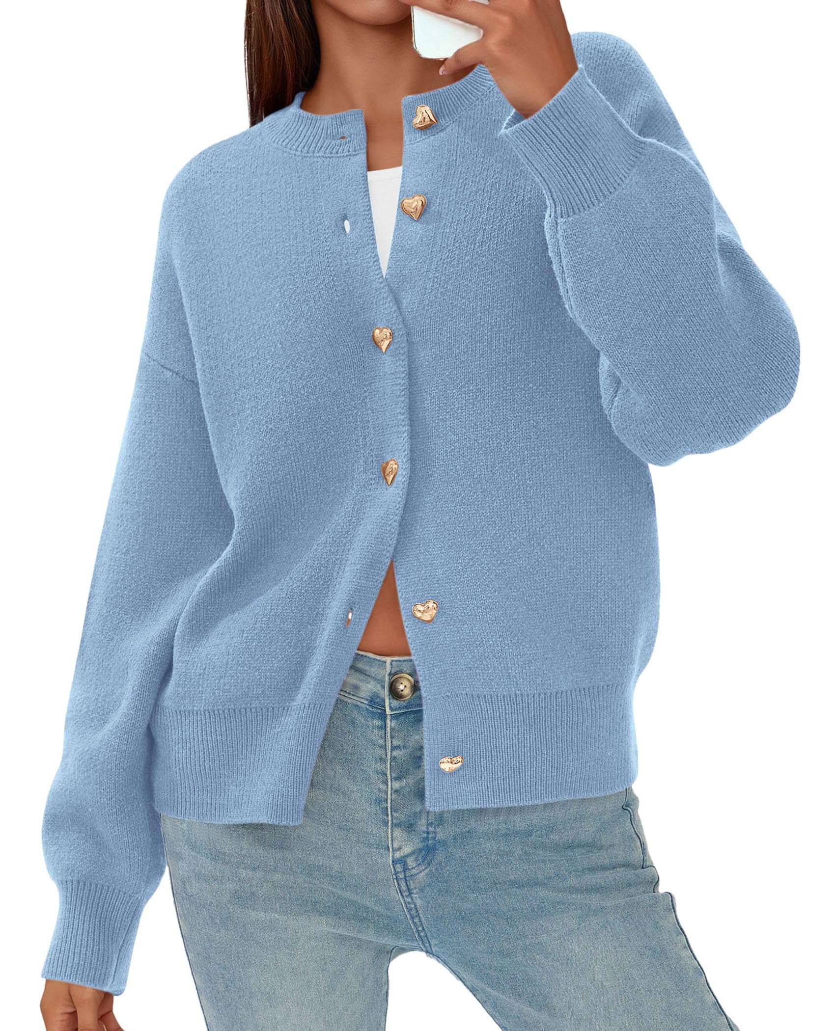 Women's Long Sleeve Button Up Cardigan,Light Blue,S
