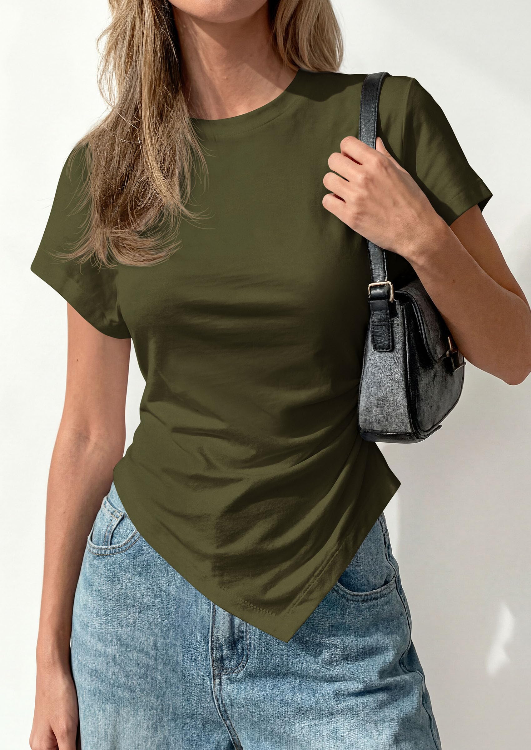 Womens Asymmetrical Summer Short Sleeve Tops,Army Green,XS