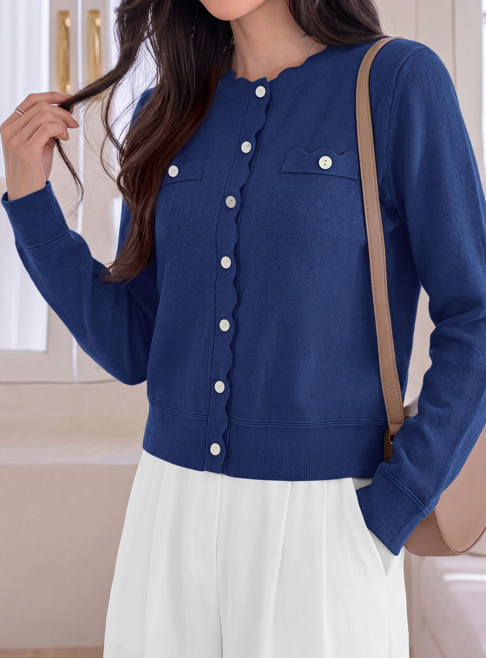 Womens Lightweight Cardigan Sweaters Scalloped Trim Fall Tops