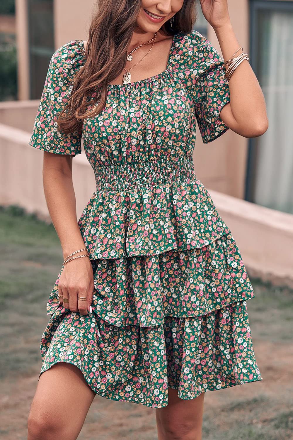 Women's Summer Floral Ruffle Short Dress Dark Green,S