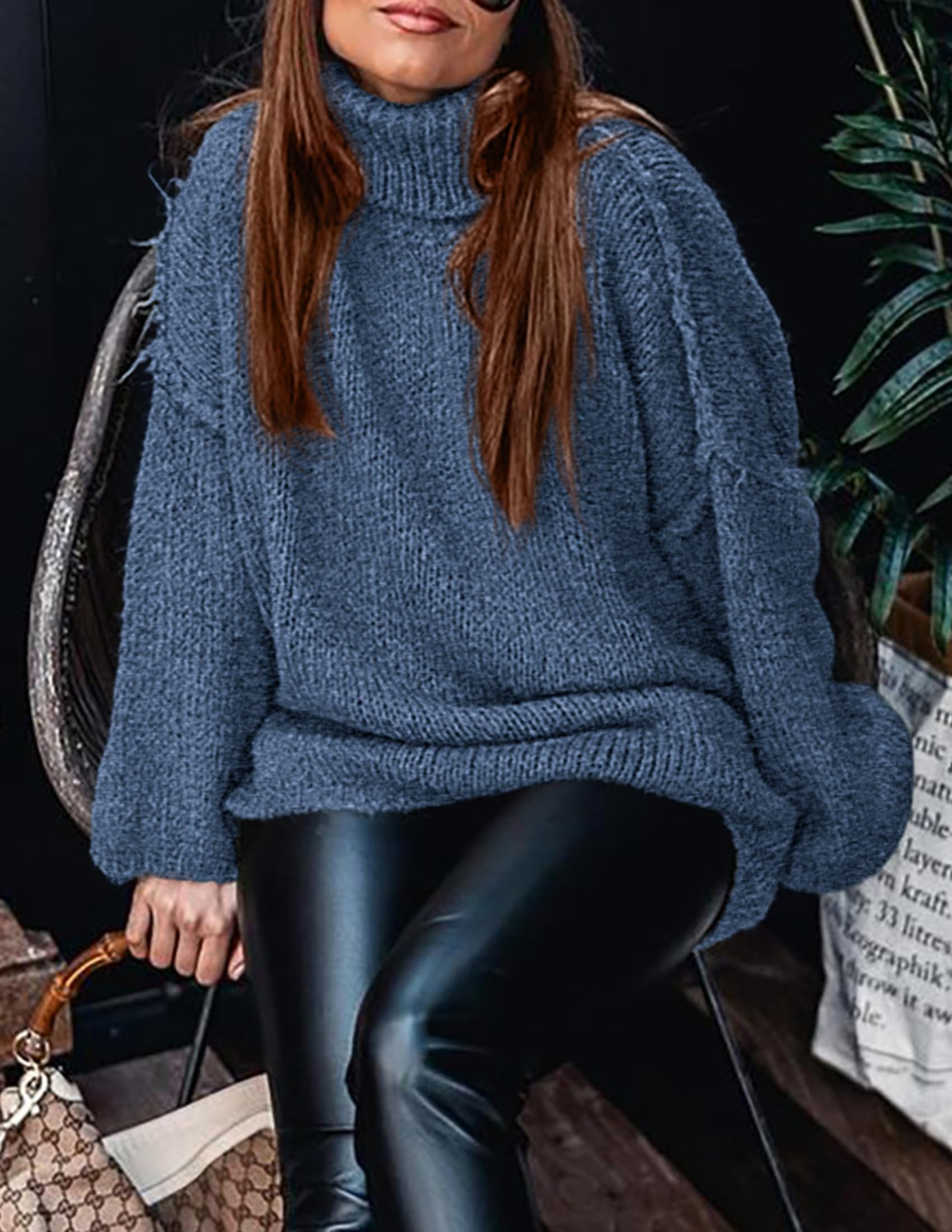 Womens Turtleneck Long Sleeve Oversized Sweaters,Blue,S