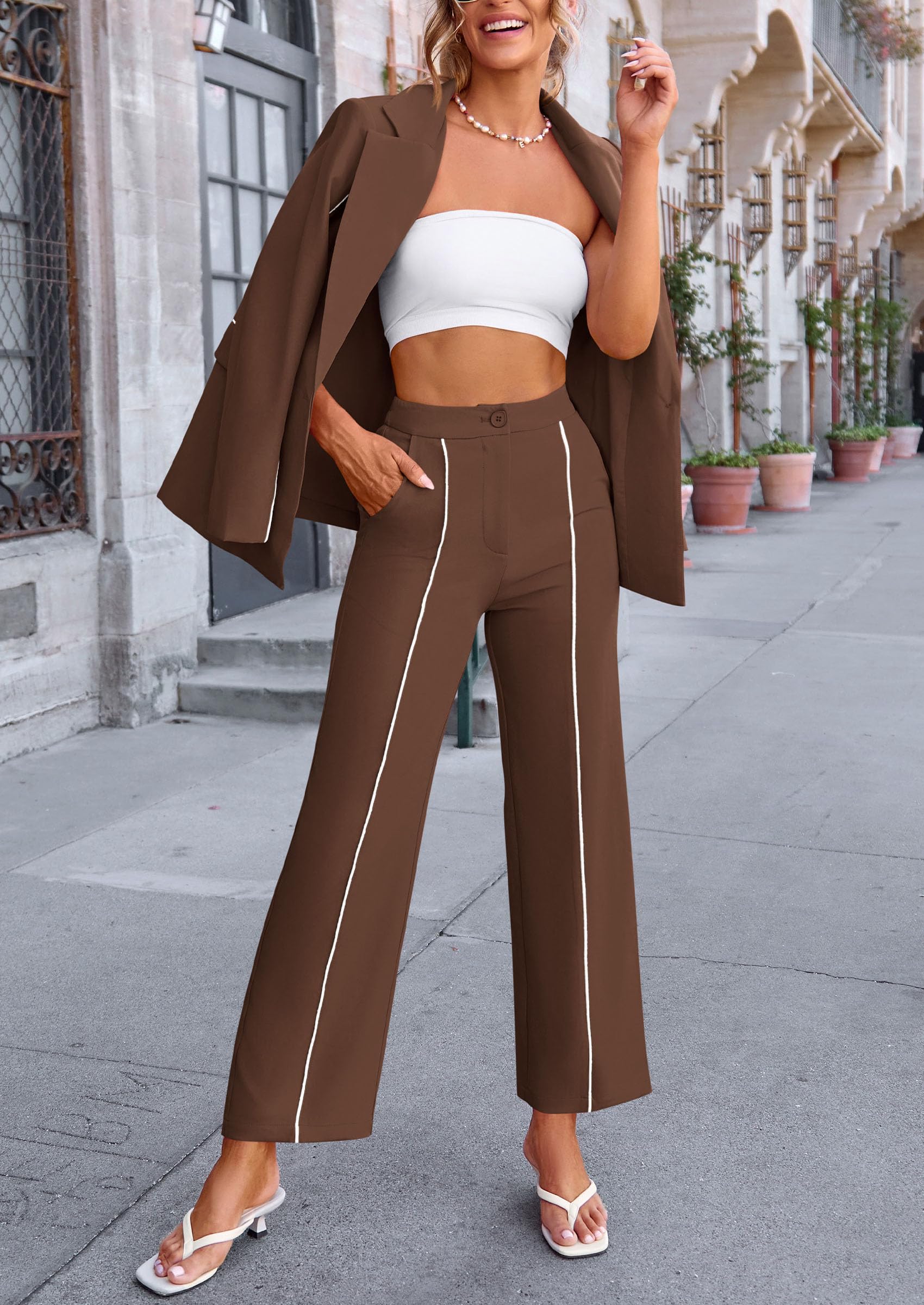 Women's 2 Piece Blazer Business Casual Outfits(Coffee,S)