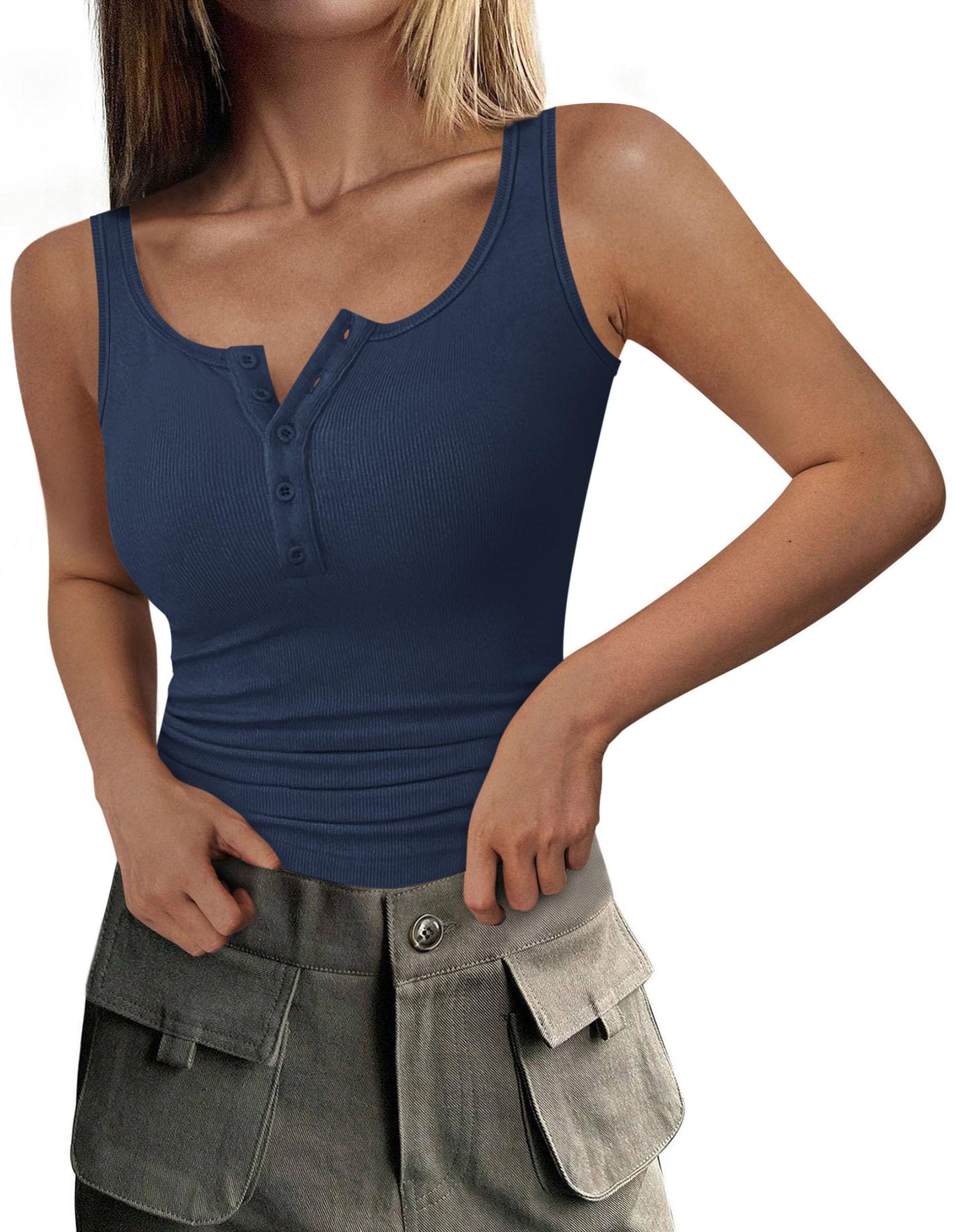 Womens Button Up Sleeveless Henley Tank Tops,Navy,S