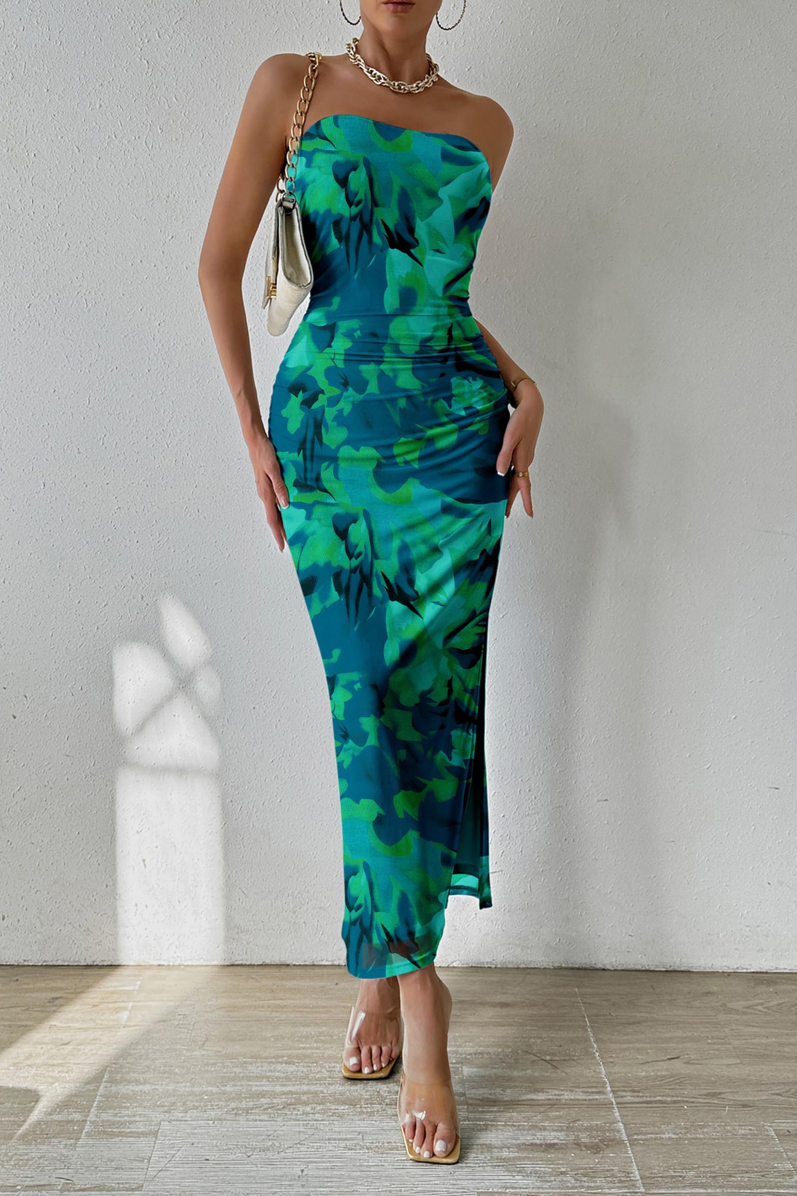 Womens Strapless Bodycon Maxi Dress, Green Big Floral,S
