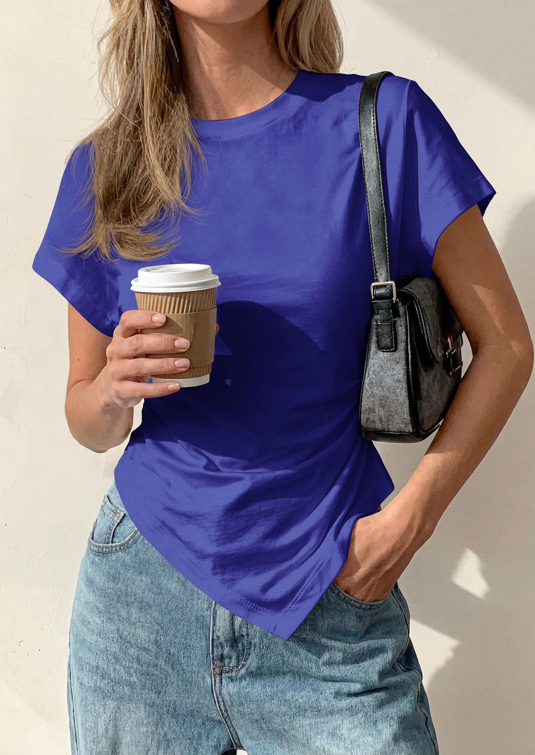 Womens Asymmetrical Summer Short Sleeve Tops,Royal Blue,XS
