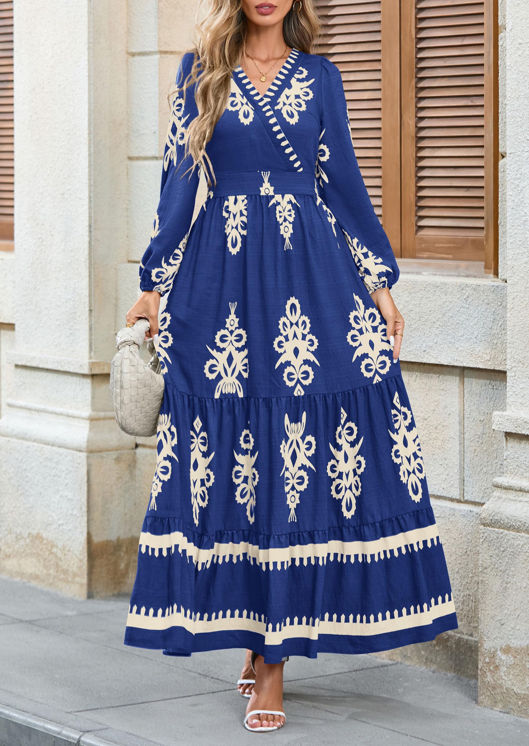 Women's Long Sleeve Floral Boho Maxi Wedding Guest Dress