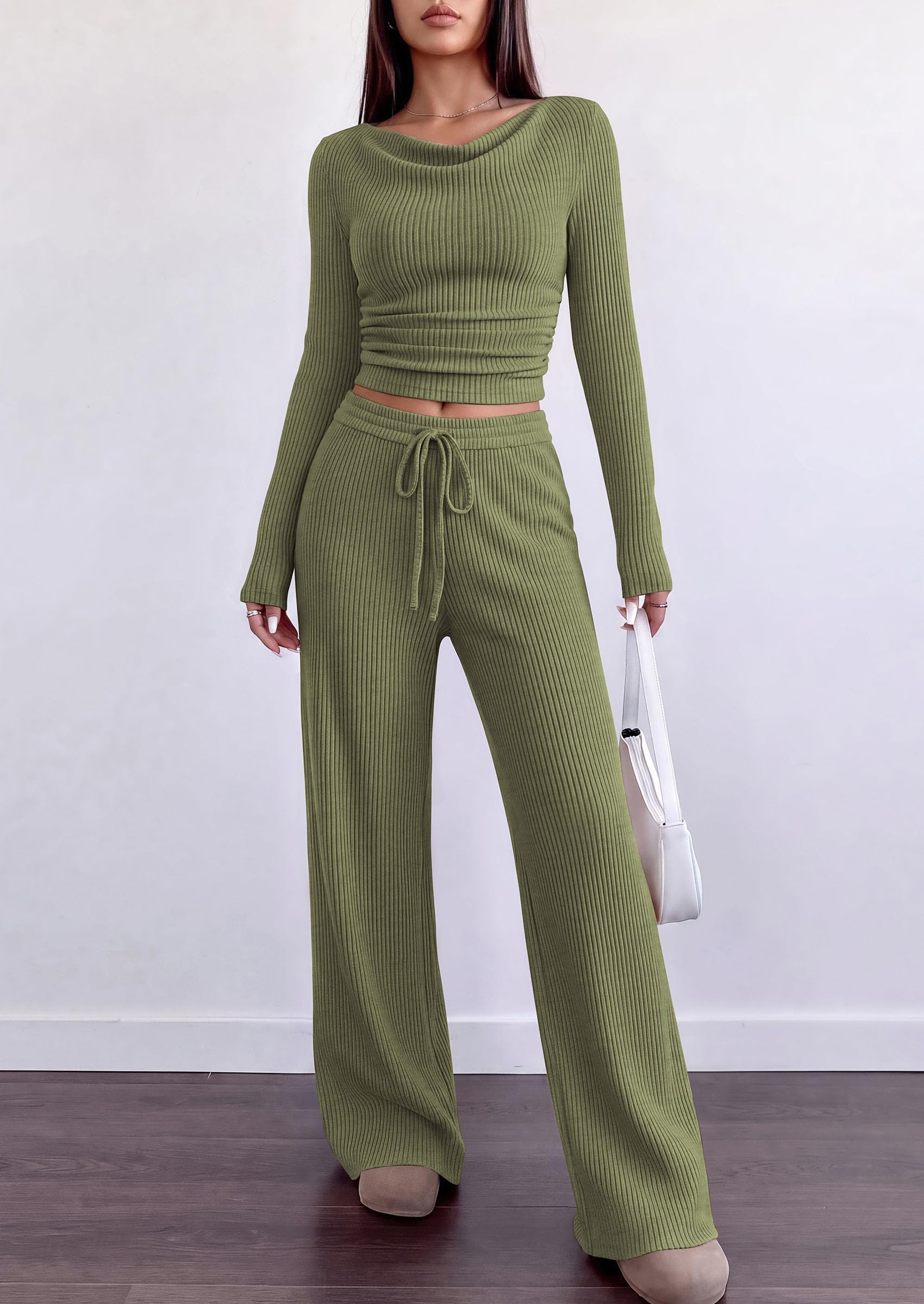 Matching Sets Women Clothing Fall Ribbed 2 Piece Lounge Set