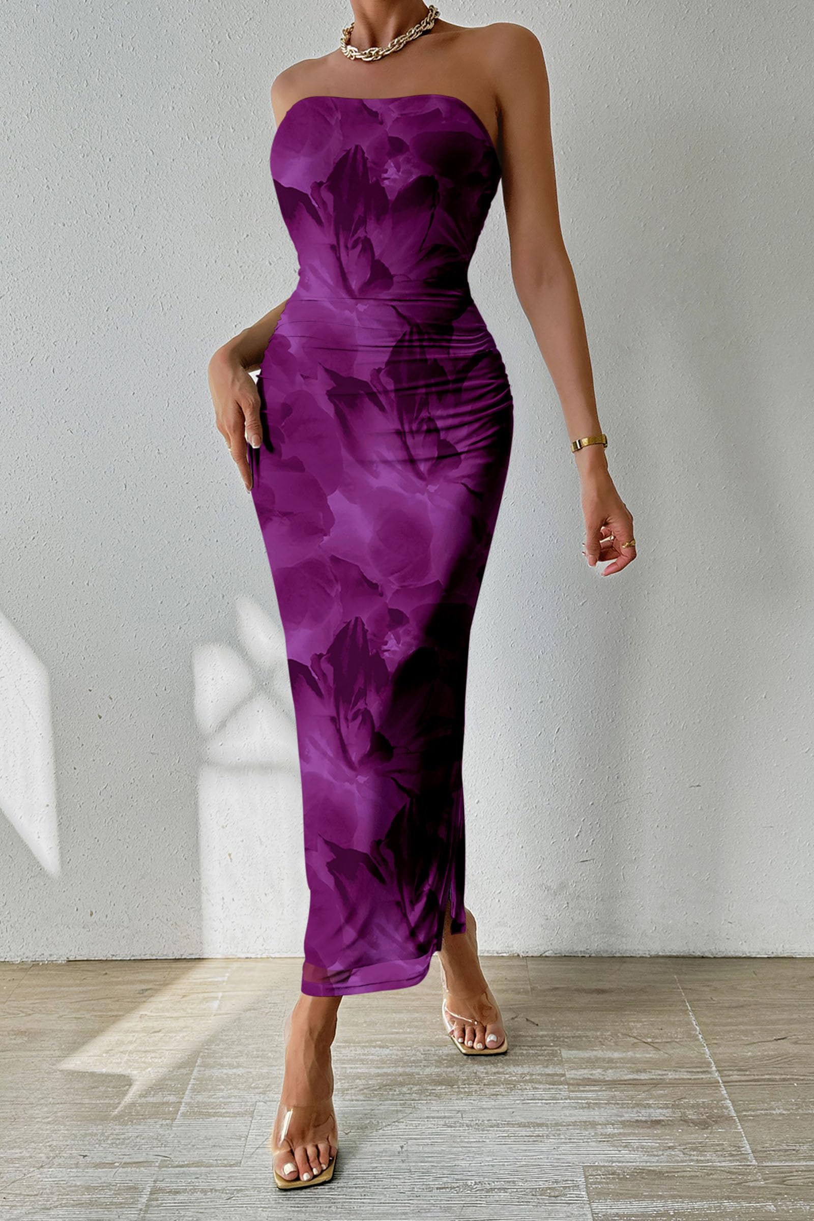 Women's Strapless Bodycon Floral Maxi Dress, Floral Purple,S
